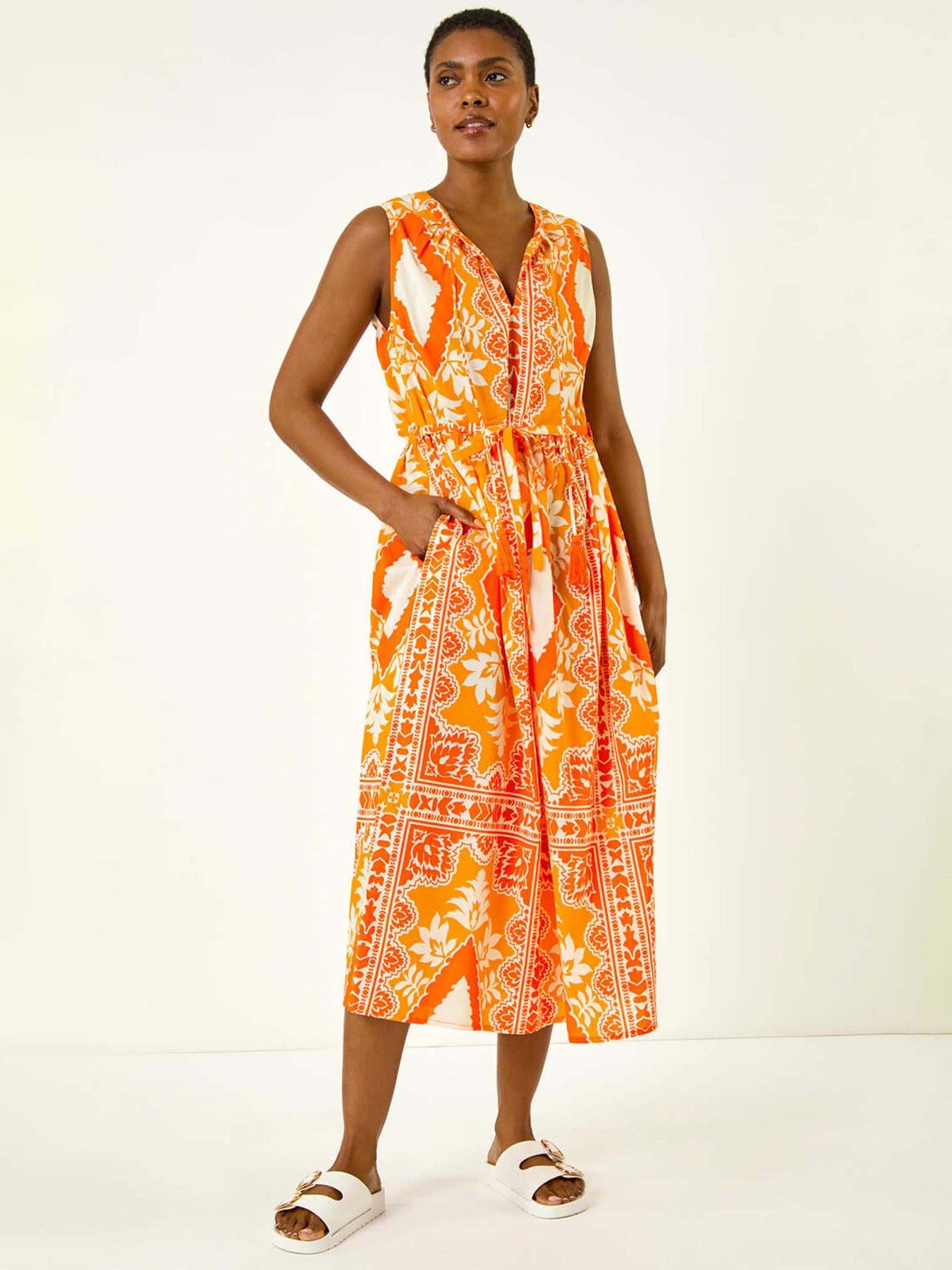 undefined Abstract Print Halter Midi Dress - Orange