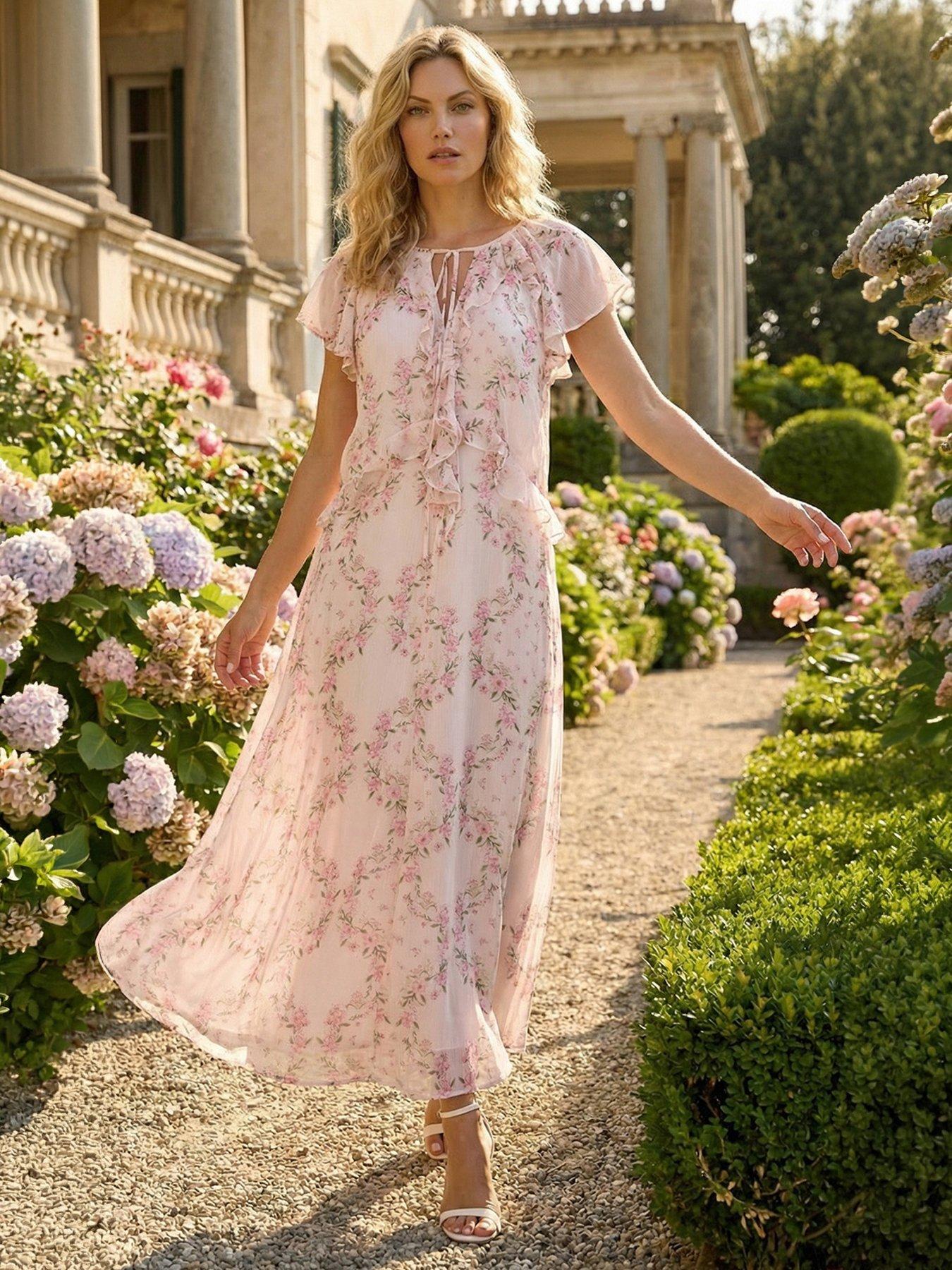 Roman Floral Frill Flutter Sleeve Dress - Light Pink
