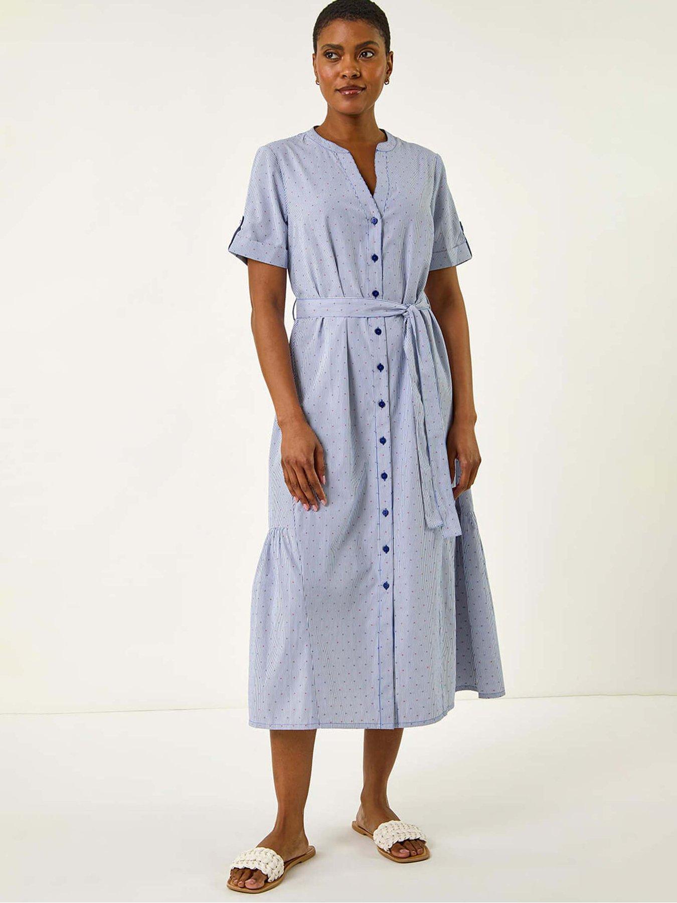  image of roman-stripe-tie-waist-midi-dress-blue