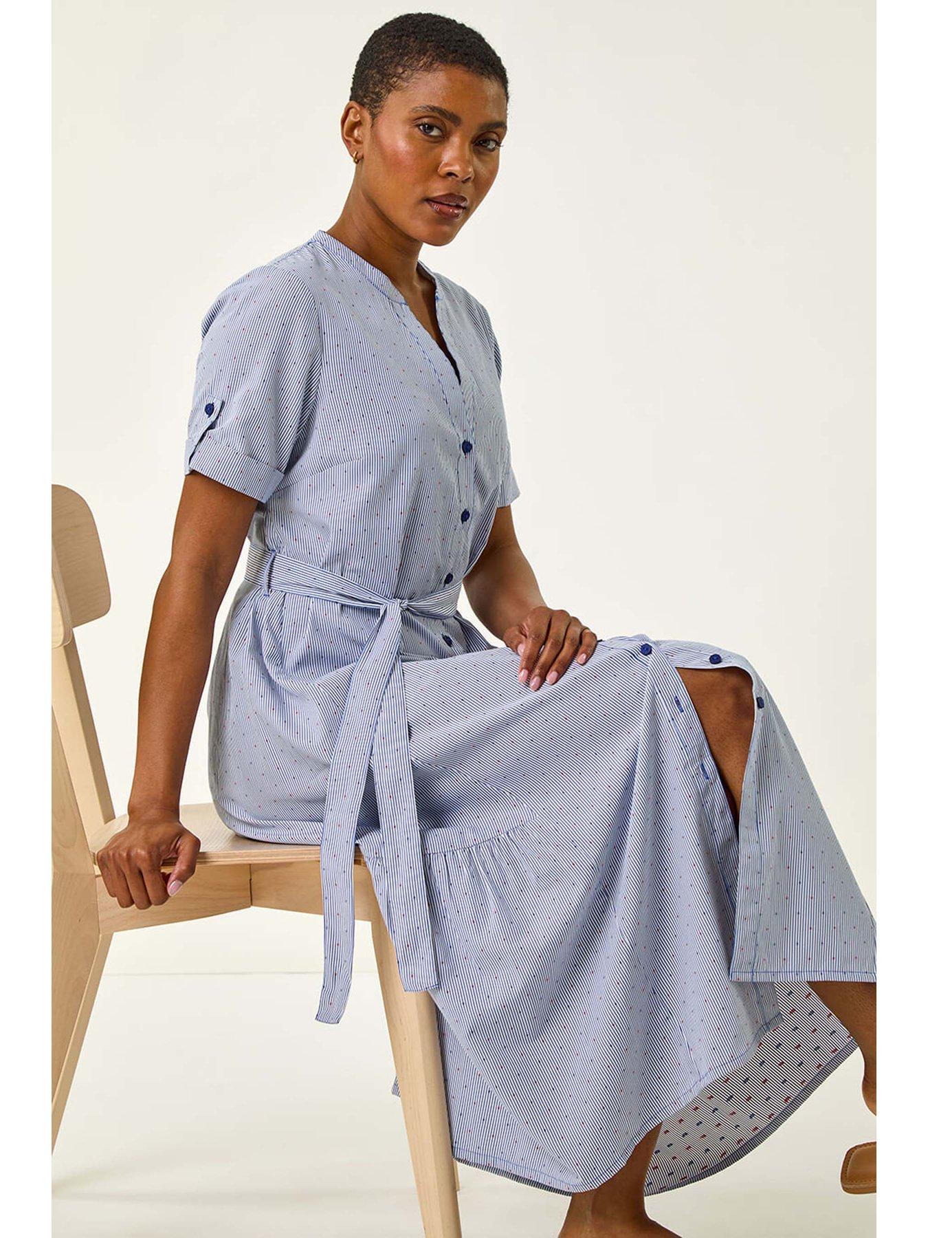  image of roman-stripe-tie-waist-midi-dress-blue