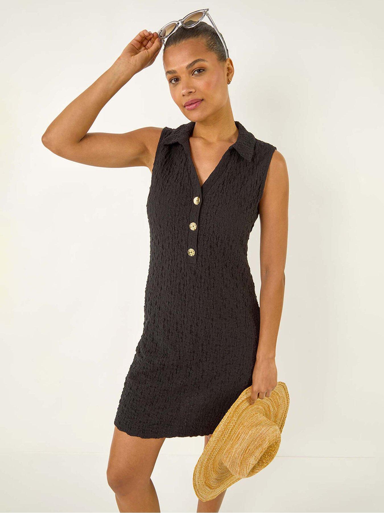 undefined Crinkle Collared A-line Stretch Dress - Black
