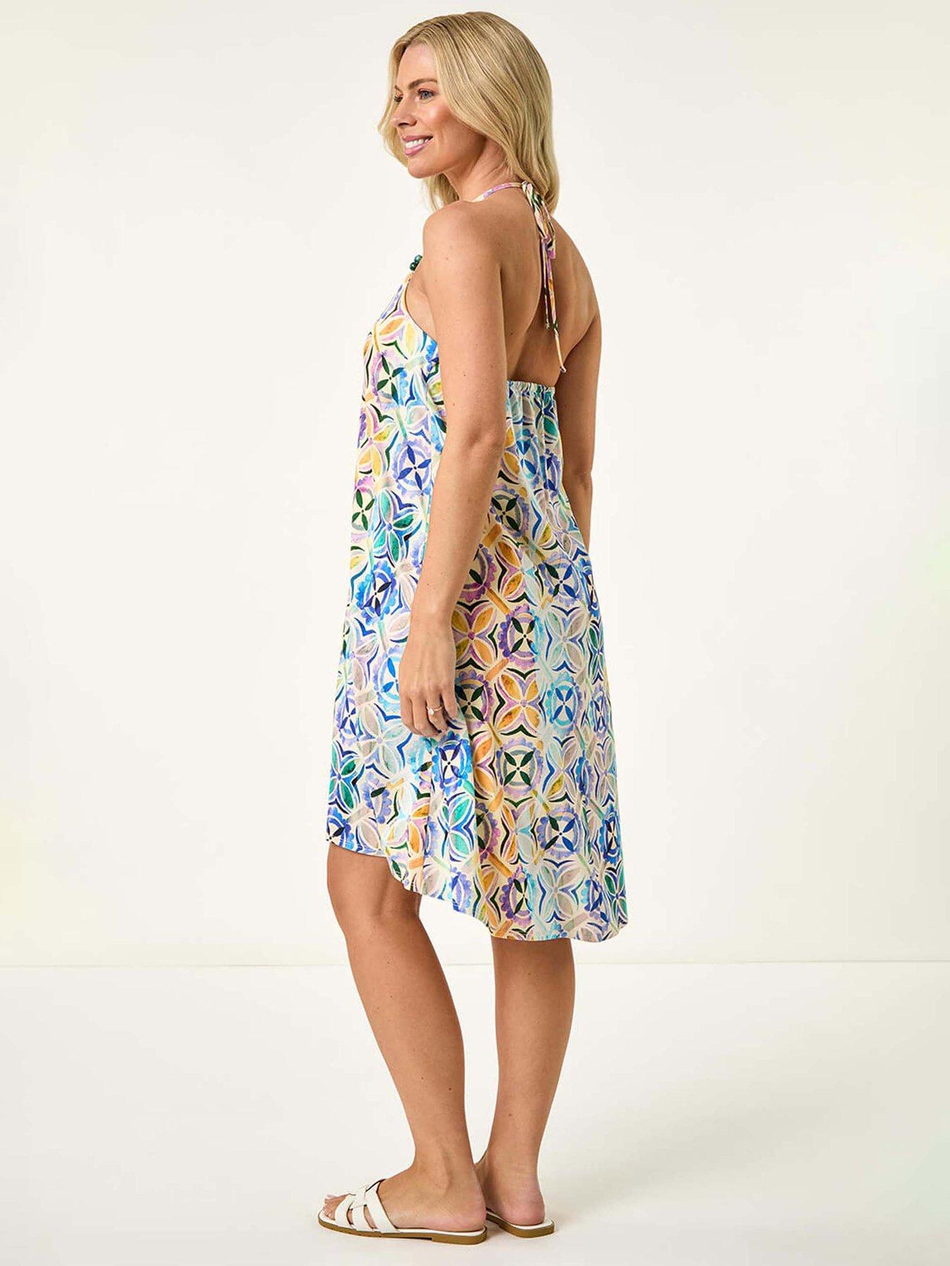 Image 2 of 5 of Roman Petite Abstract Halter Neck Stretch Dress - Blue