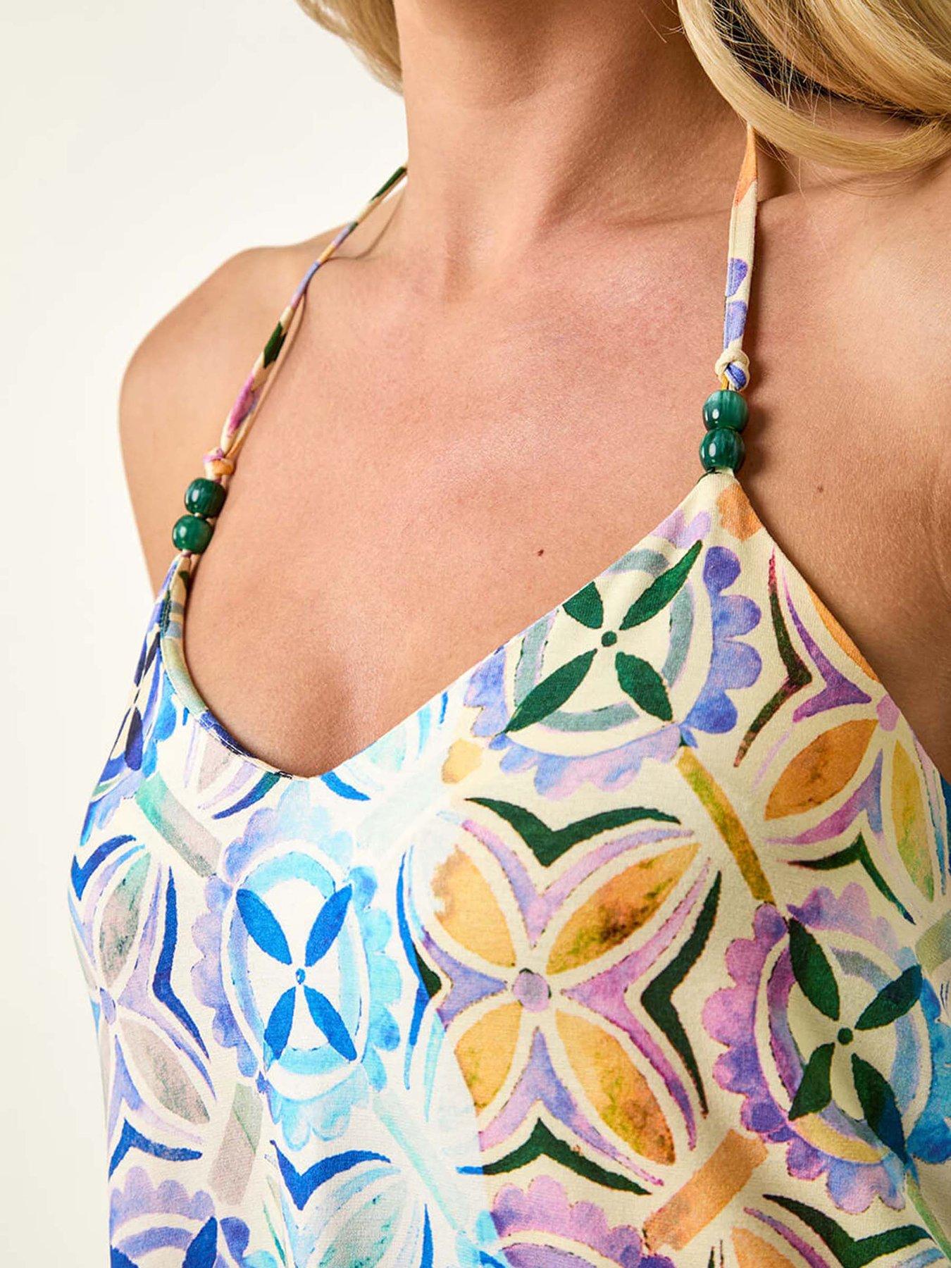 Image 5 of 5 of Roman Petite Abstract Halter Neck Stretch Dress - Blue