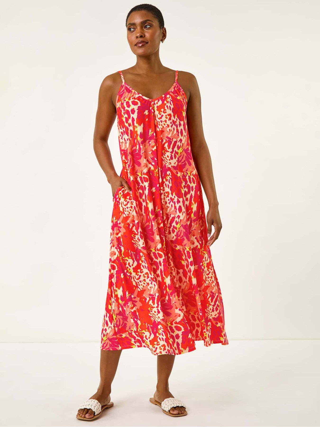 undefined Abstract Print Swing Midi Stretch Dress - Orange
