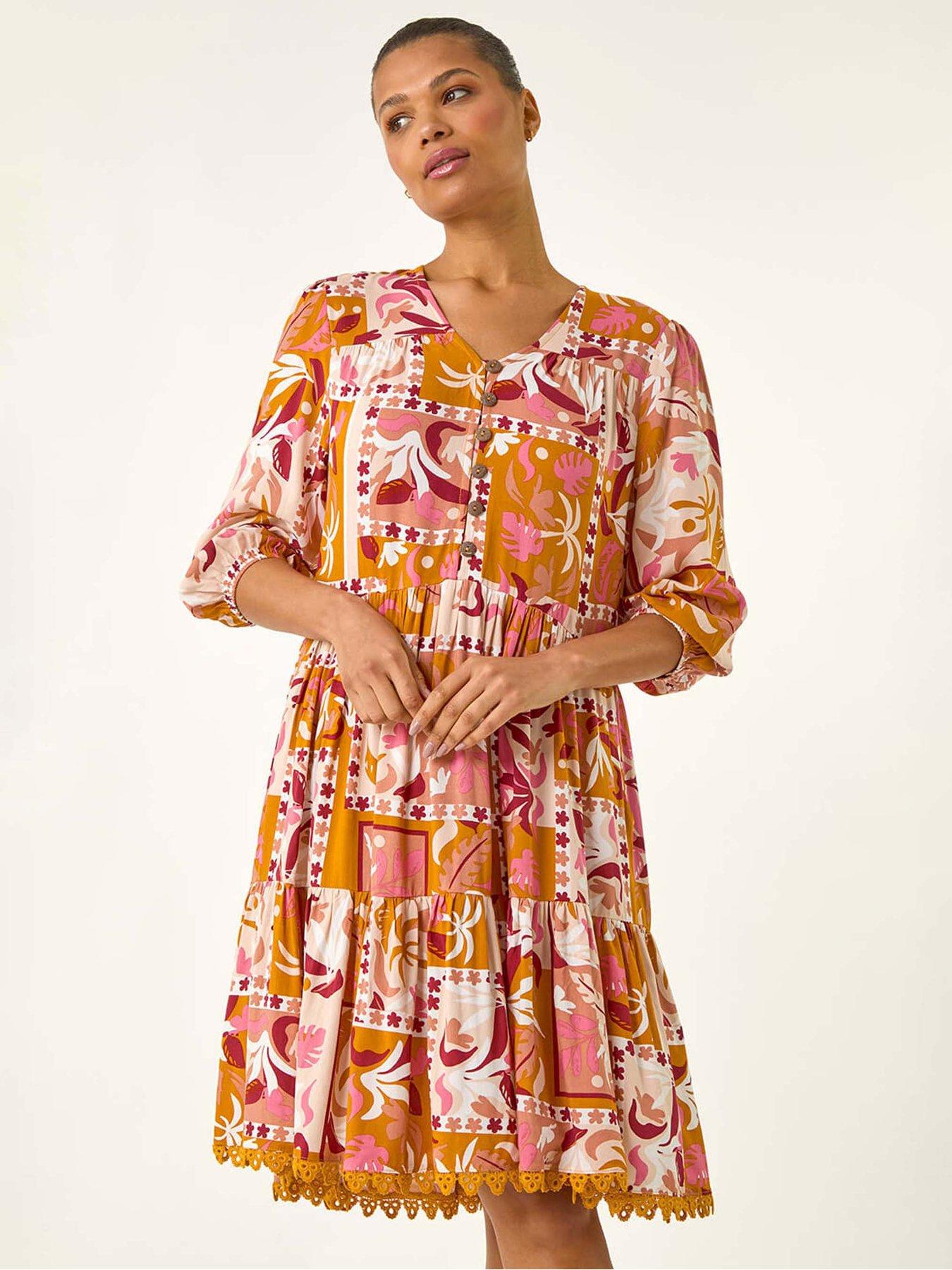 undefined Patchwork Smock V-neck Dress - Orange