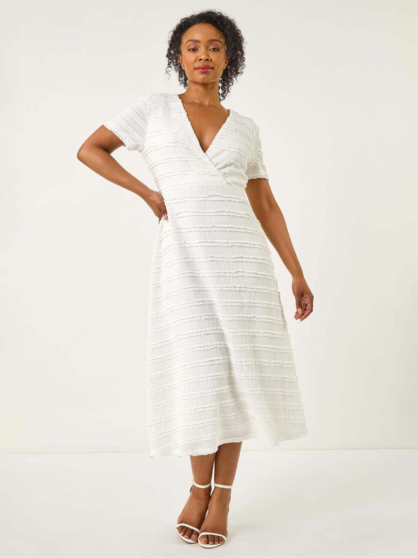 Roman Petite Ruffle Midi Wrap Dress - White