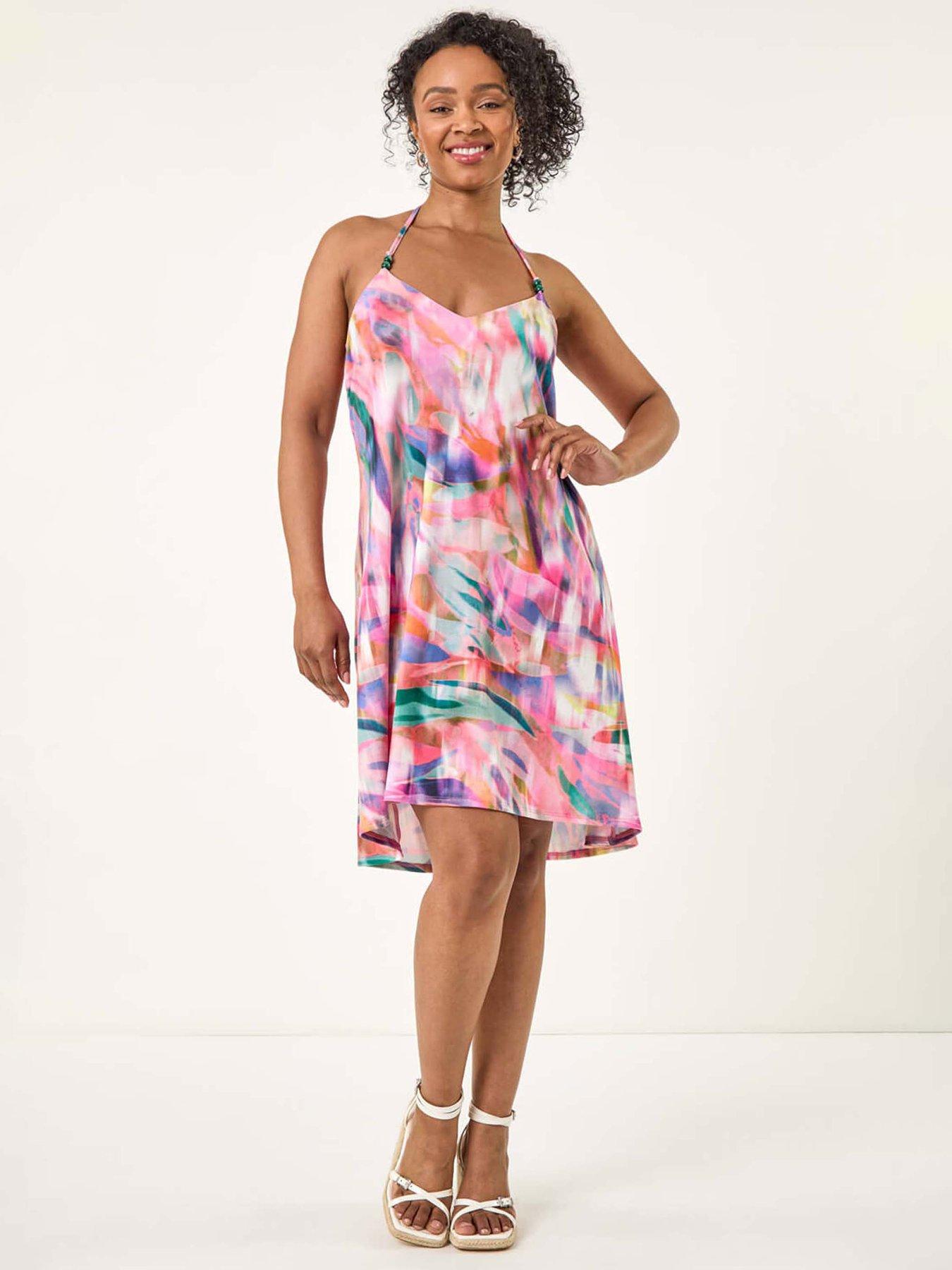  image of roman-petite-abstract-halter-neck-stretch-dress-pink