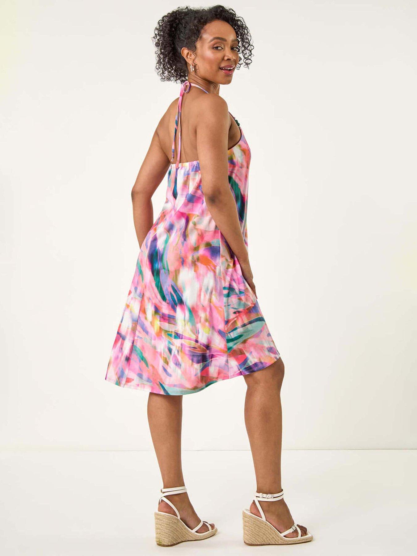  image of roman-petite-abstract-halter-neck-stretch-dress-pink