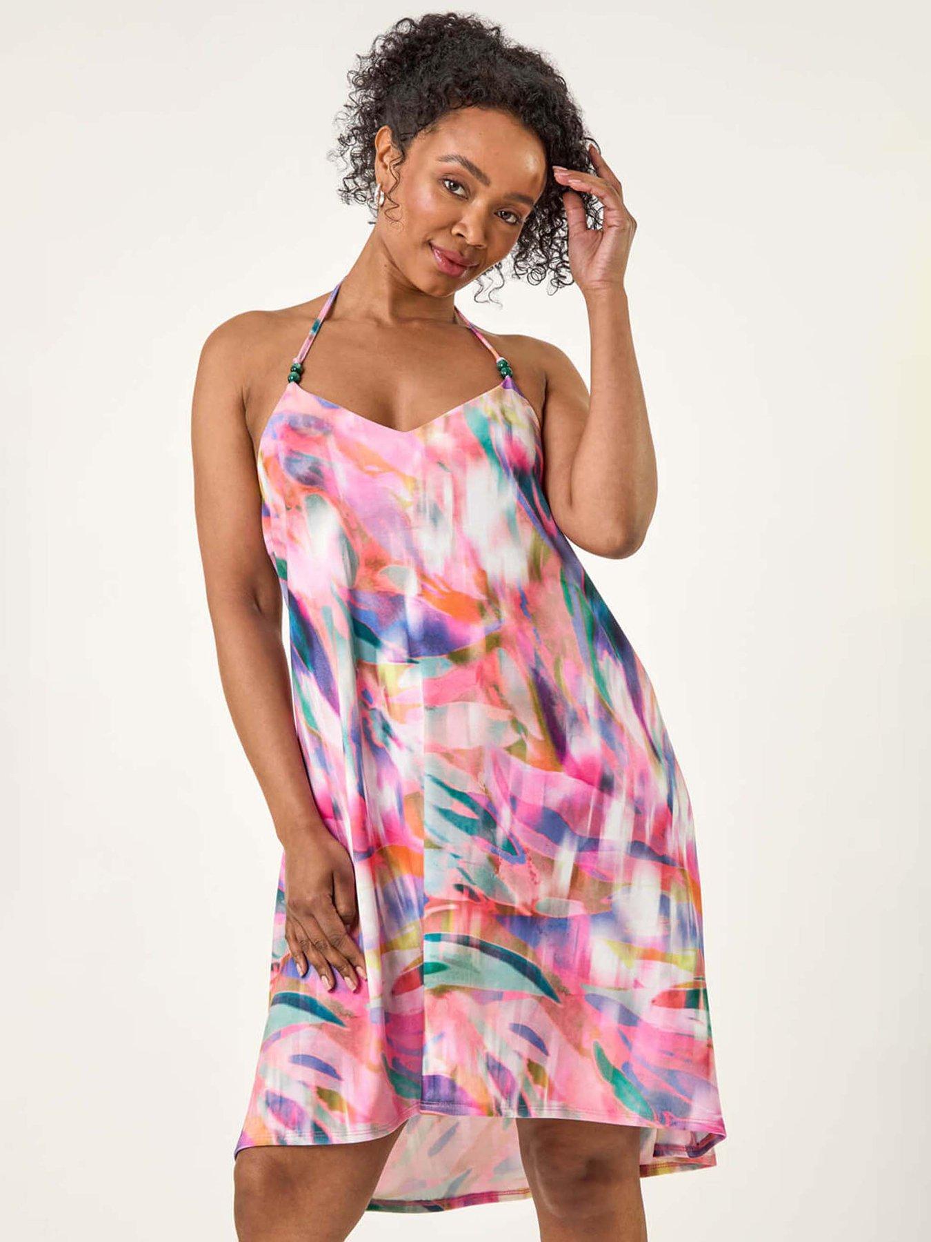 image of roman-petite-abstract-halter-neck-stretch-dress-pink