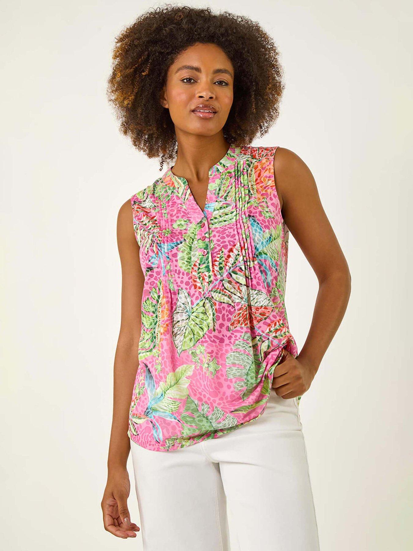 Image 1 of 5 of Roman Tropical Leaf Print Pintuck Top - Rose