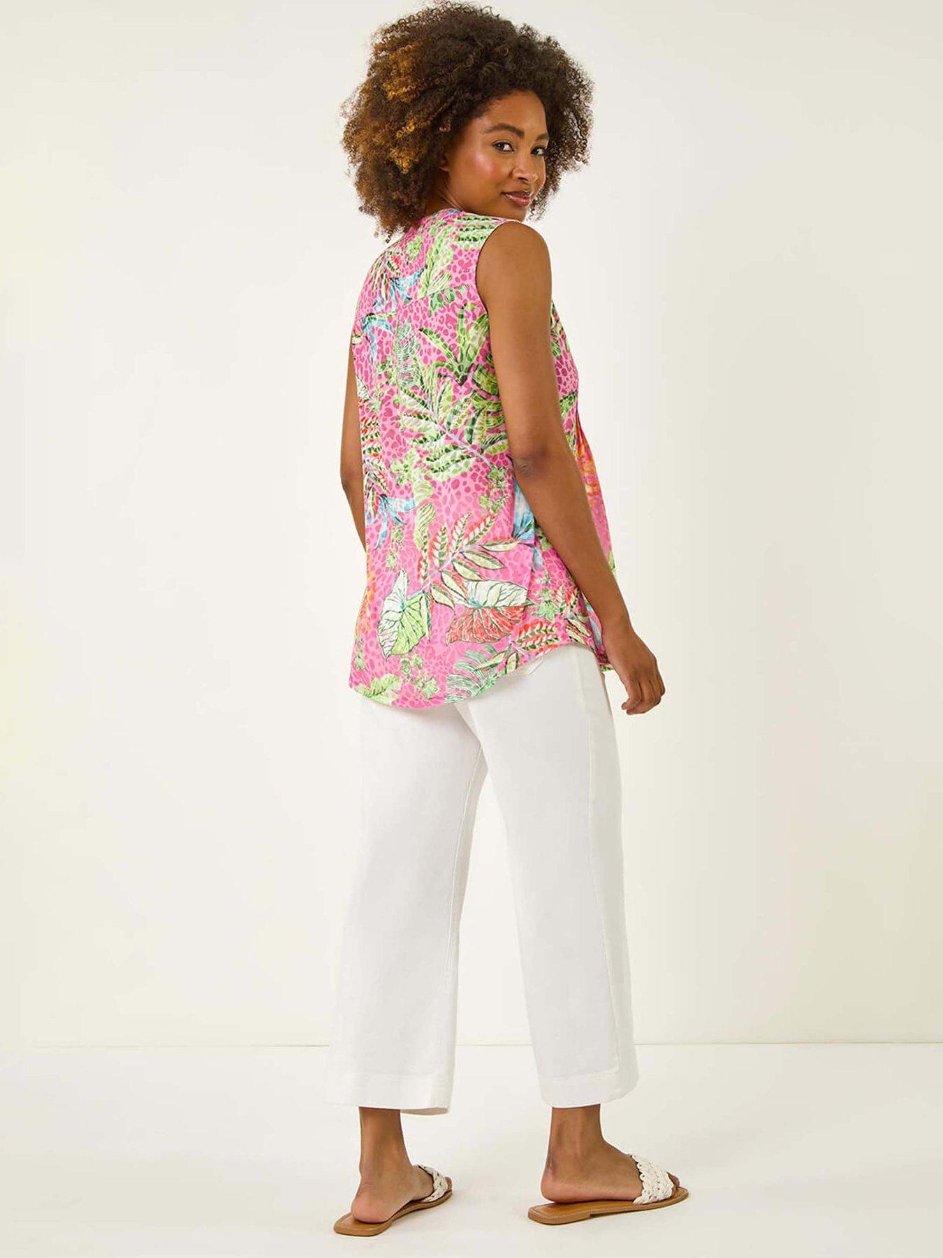 Image 2 of 5 of Roman Tropical Leaf Print Pintuck Top - Rose