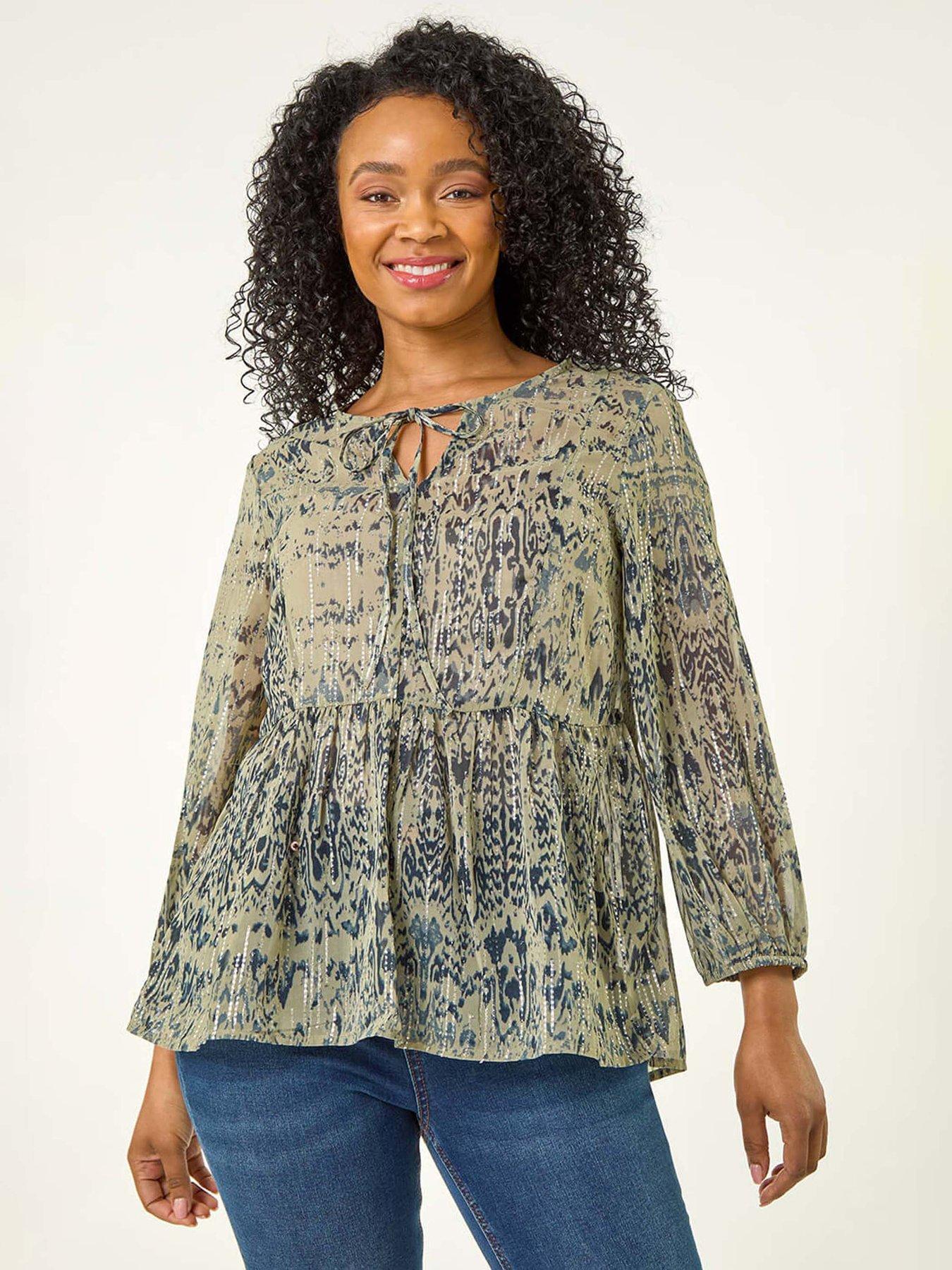 undefined Petite Metallic Aztec Print Top - Khaki