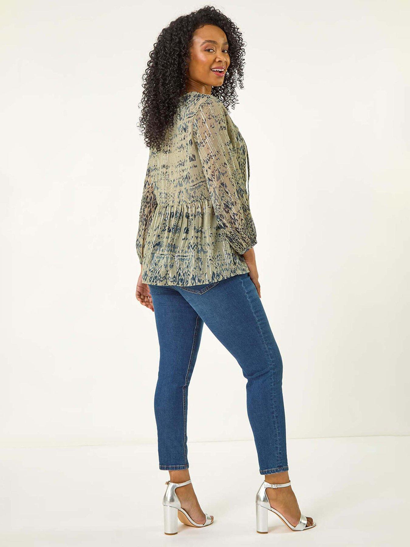 Image 2 of 5 of Roman Petite Metallic Aztec Print Top - Khaki