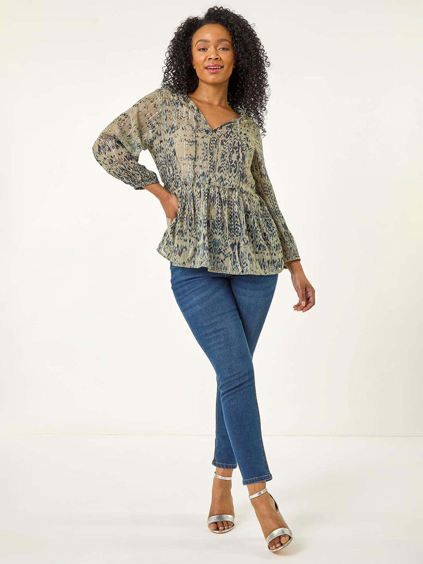 Image 3 of 5 of Roman Petite Metallic Aztec Print Top - Khaki