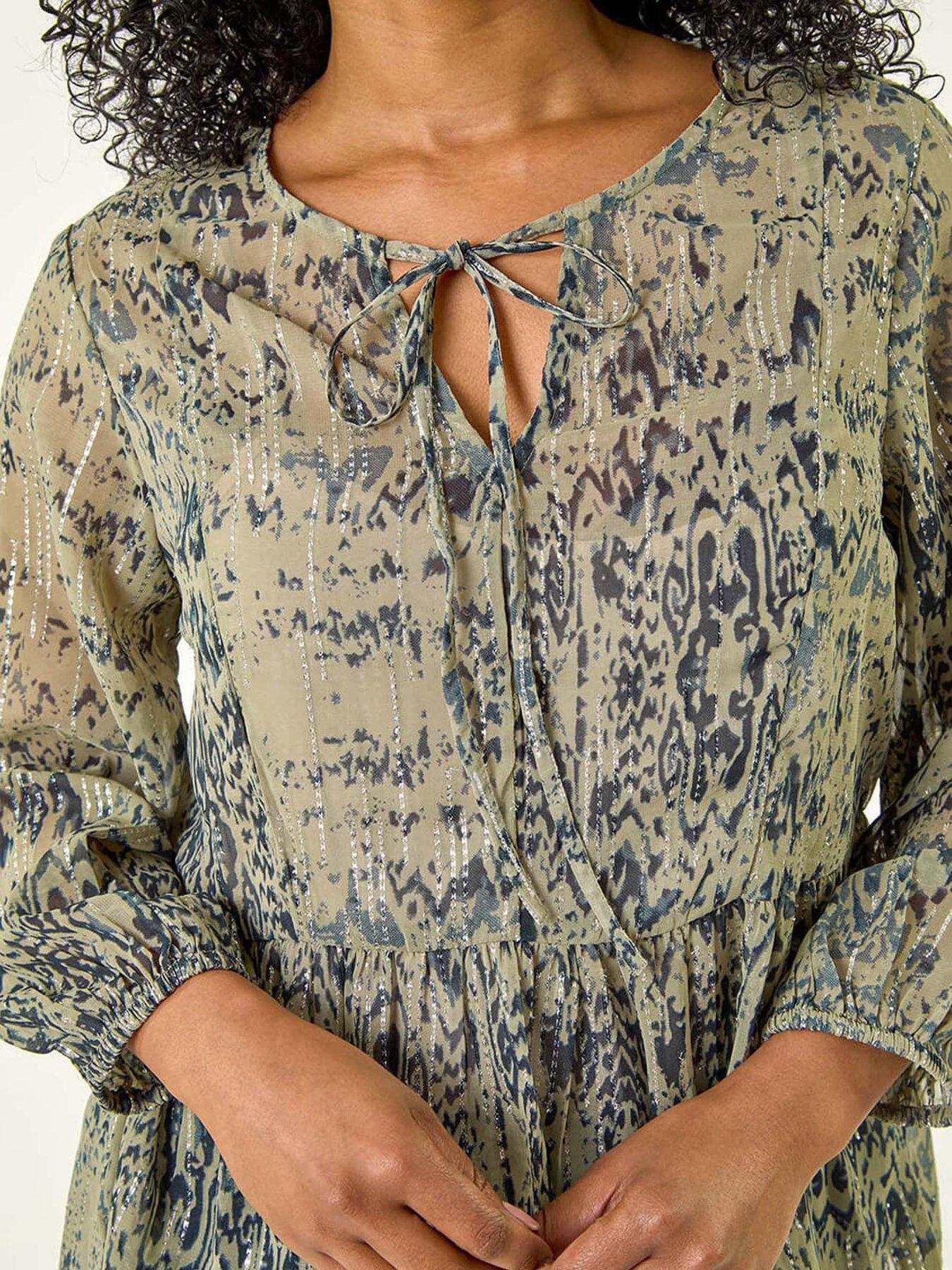 Image 5 of 5 of Roman Petite Metallic Aztec Print Top - Khaki
