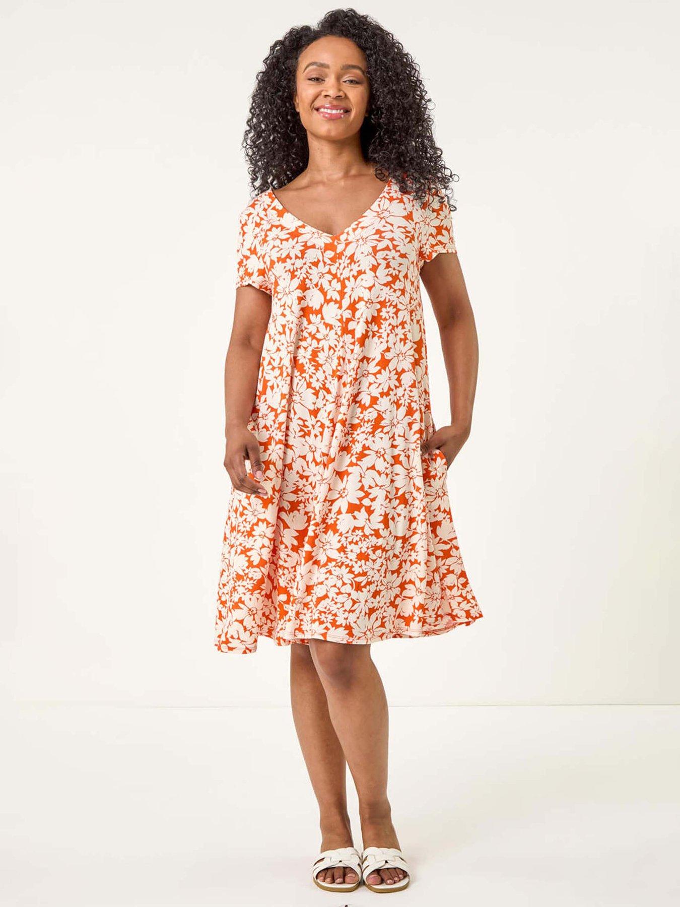 undefined Petite Floral Print Swing Pocket Dress - Orange