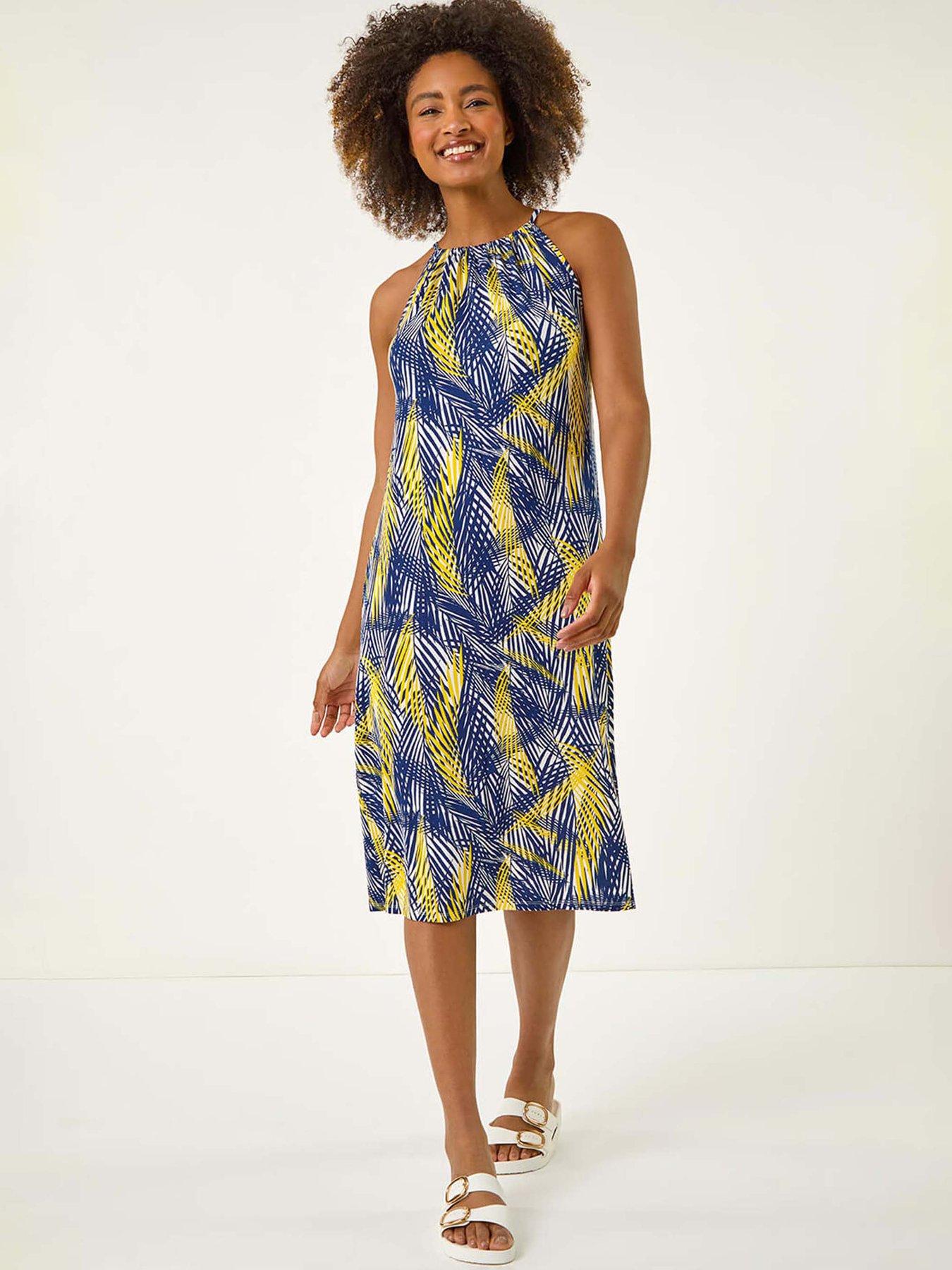 undefined Gathered Palm Print Swing Stretch Dress - Yellow