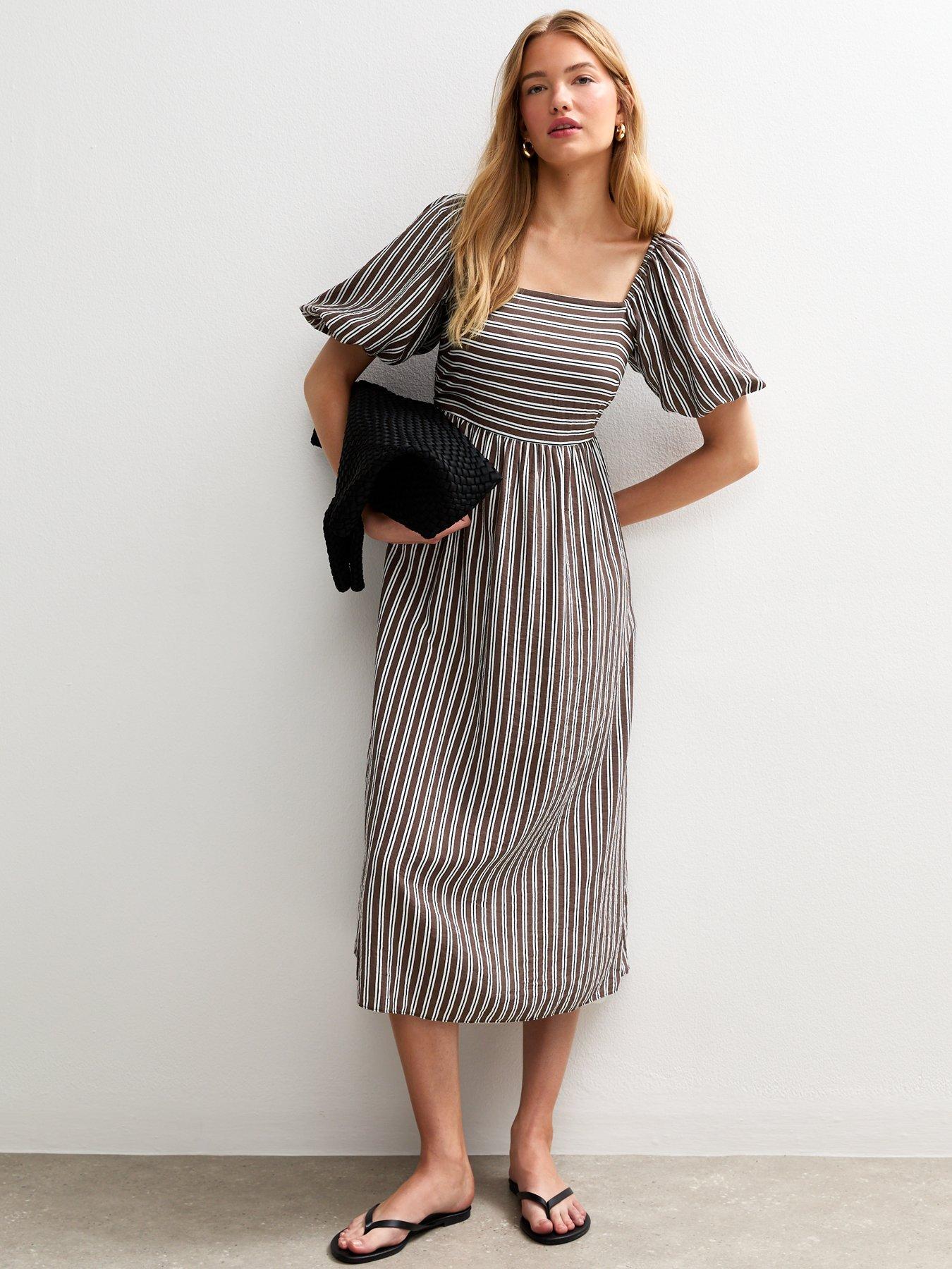 New Look Brown Striped Square Neck Milkmaid Midi Dress