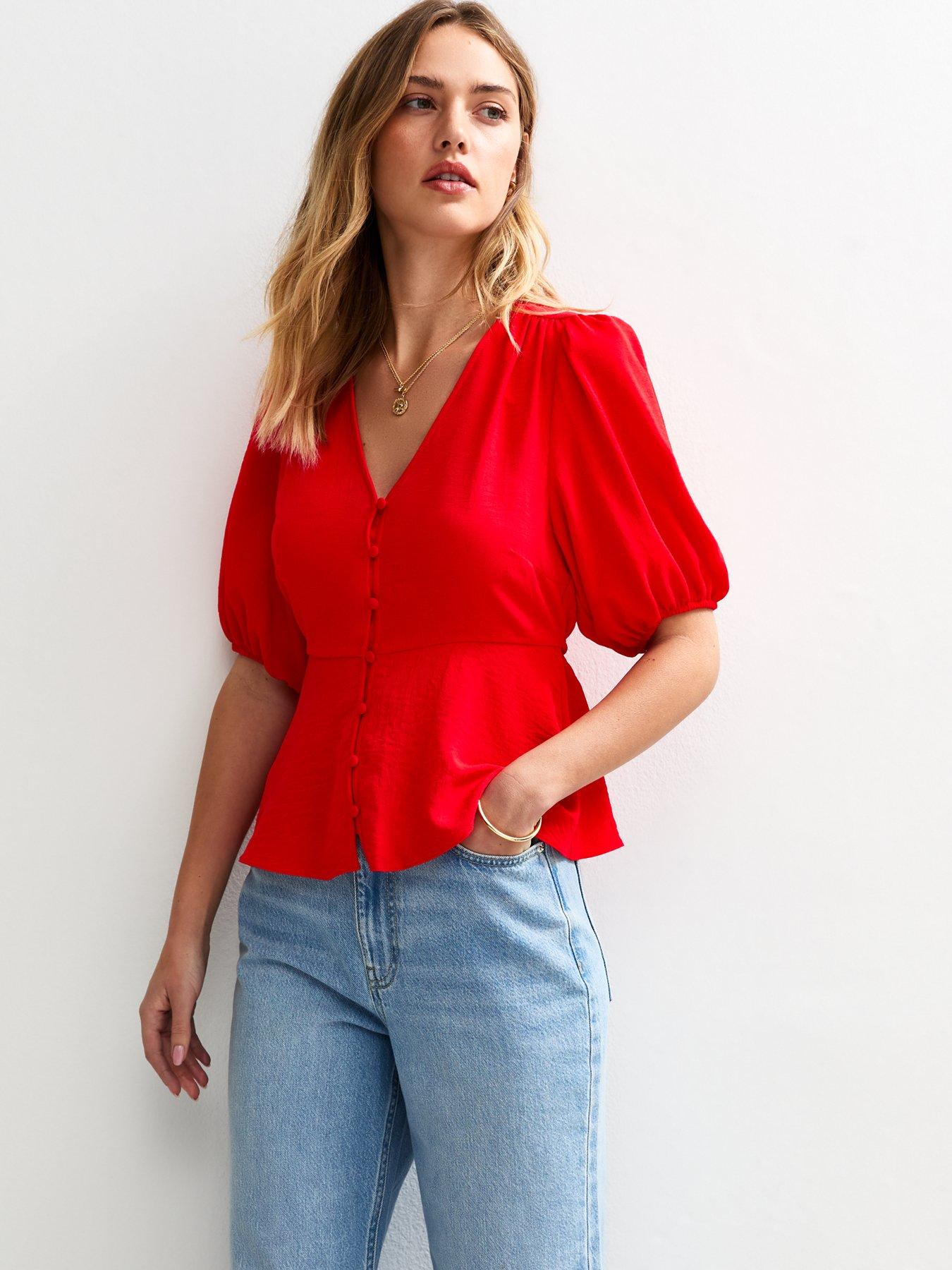 New Look Crinkle Texture Button Detail Tea Blouse - Red