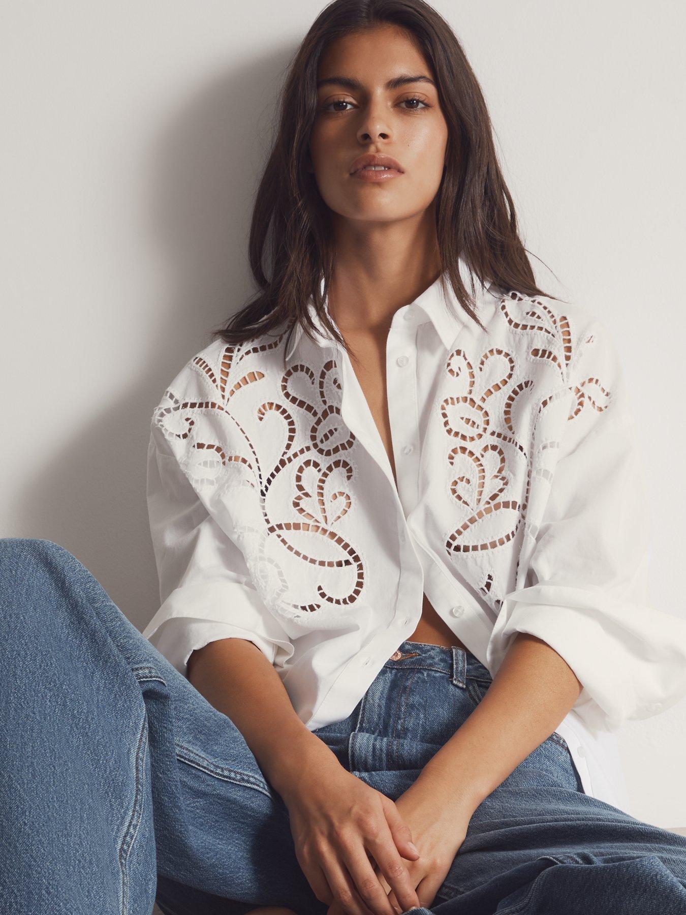 New Look White Cotton Embroidered Shirt - Cream
