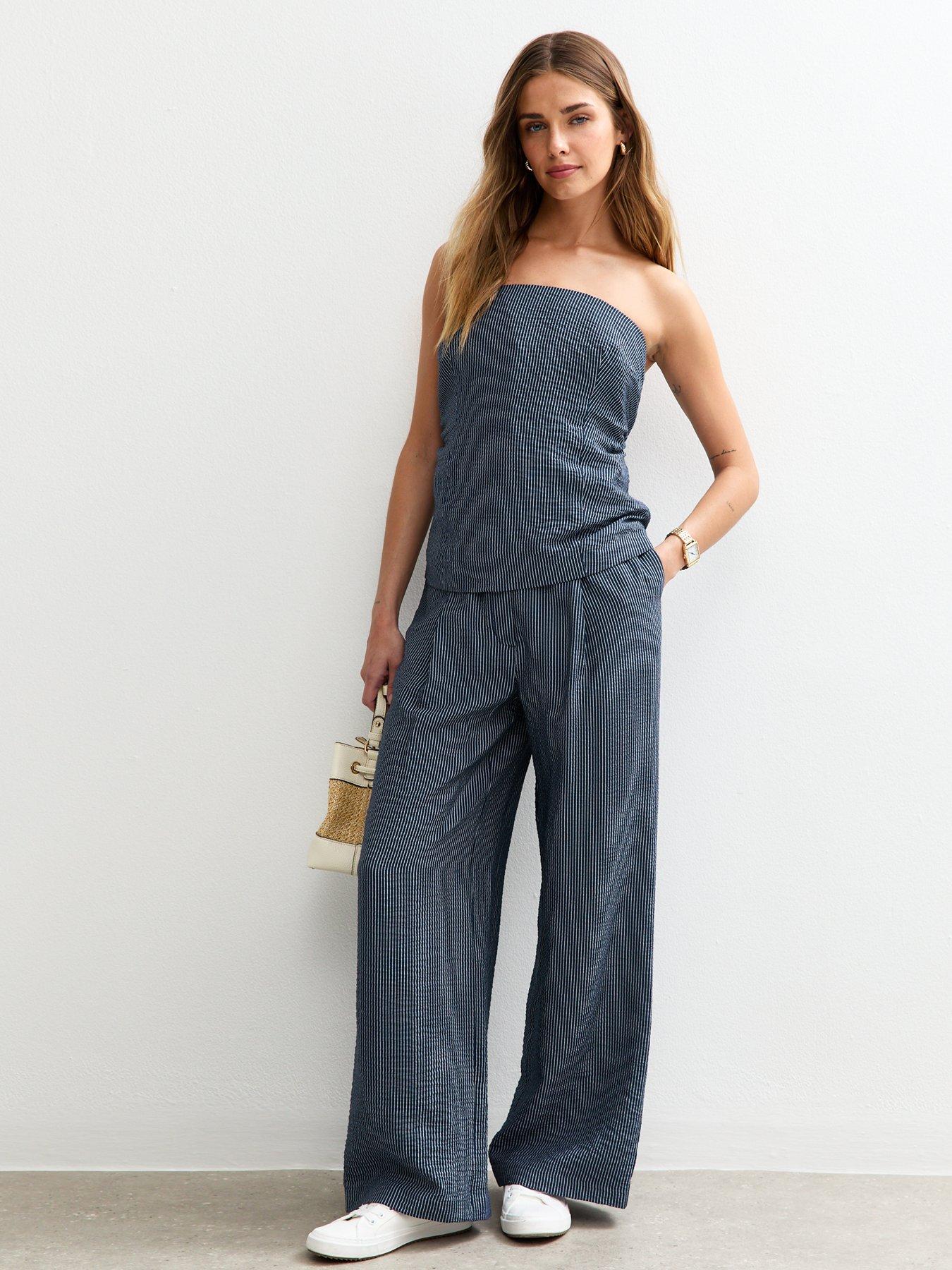 undefined Blue Textured Striped Wide Leg Trousers