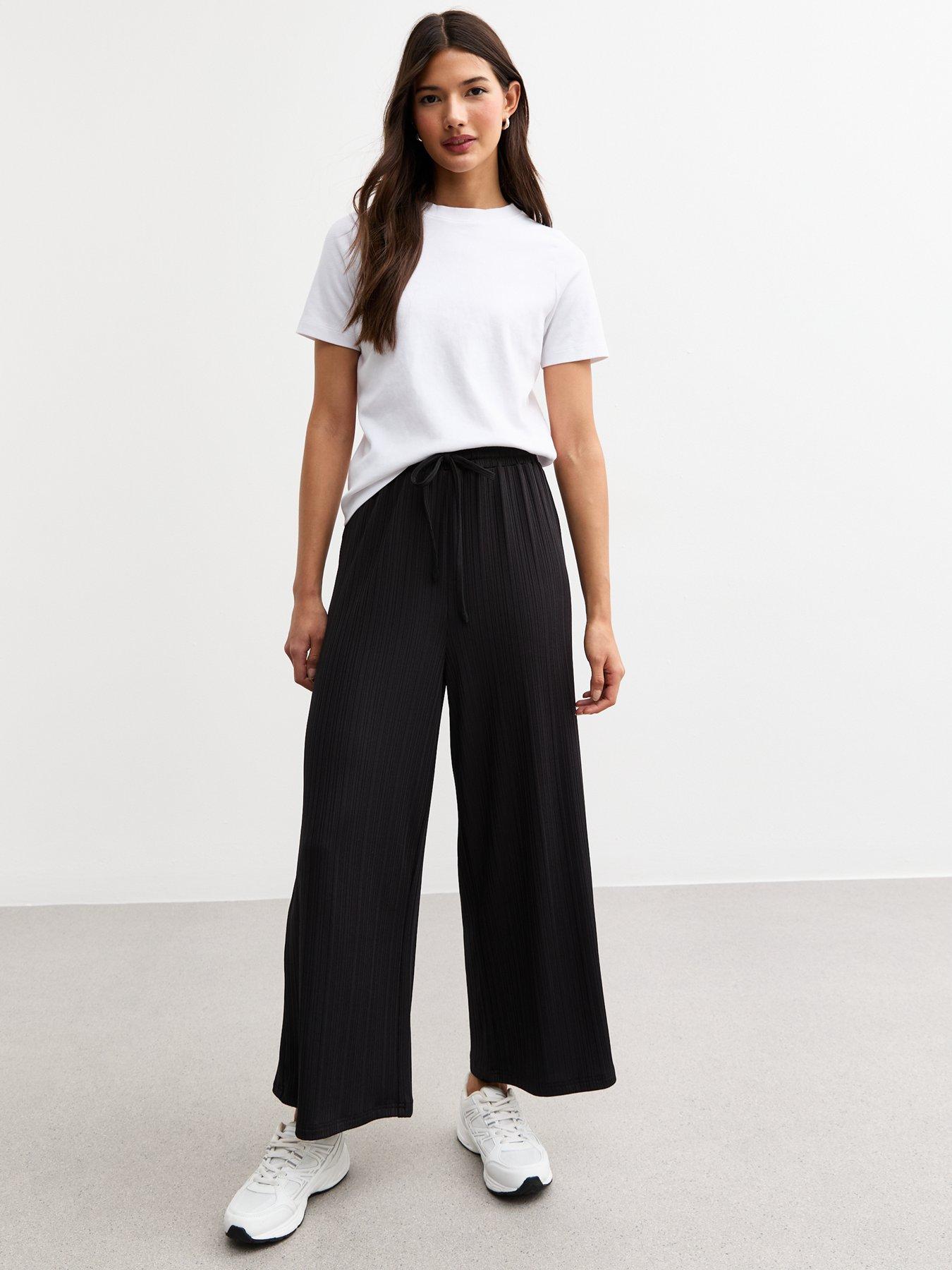 undefined Black Plisse Cropped Wide Leg Trousers