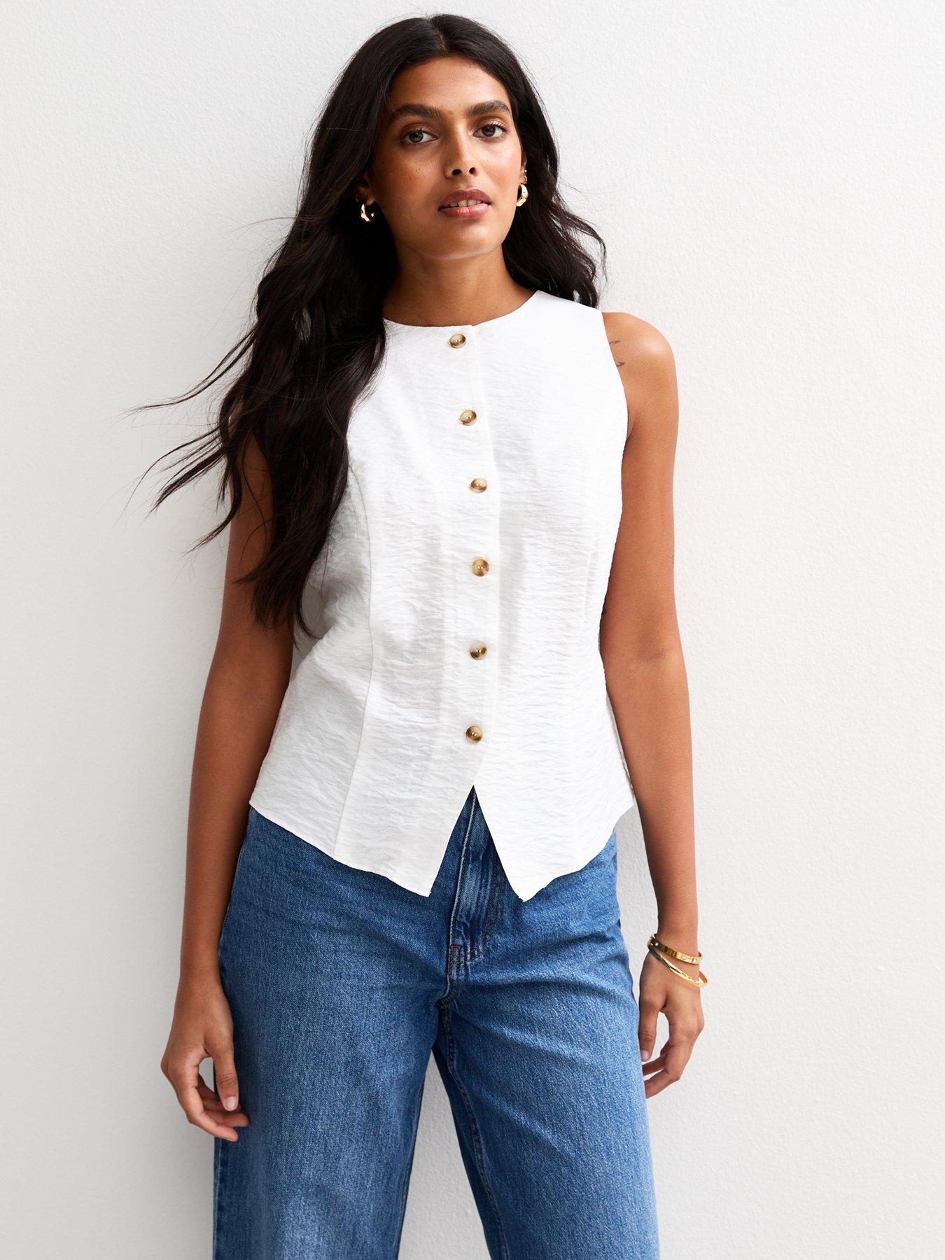 undefined White Sleeveless Crew Neck Waistcoat
