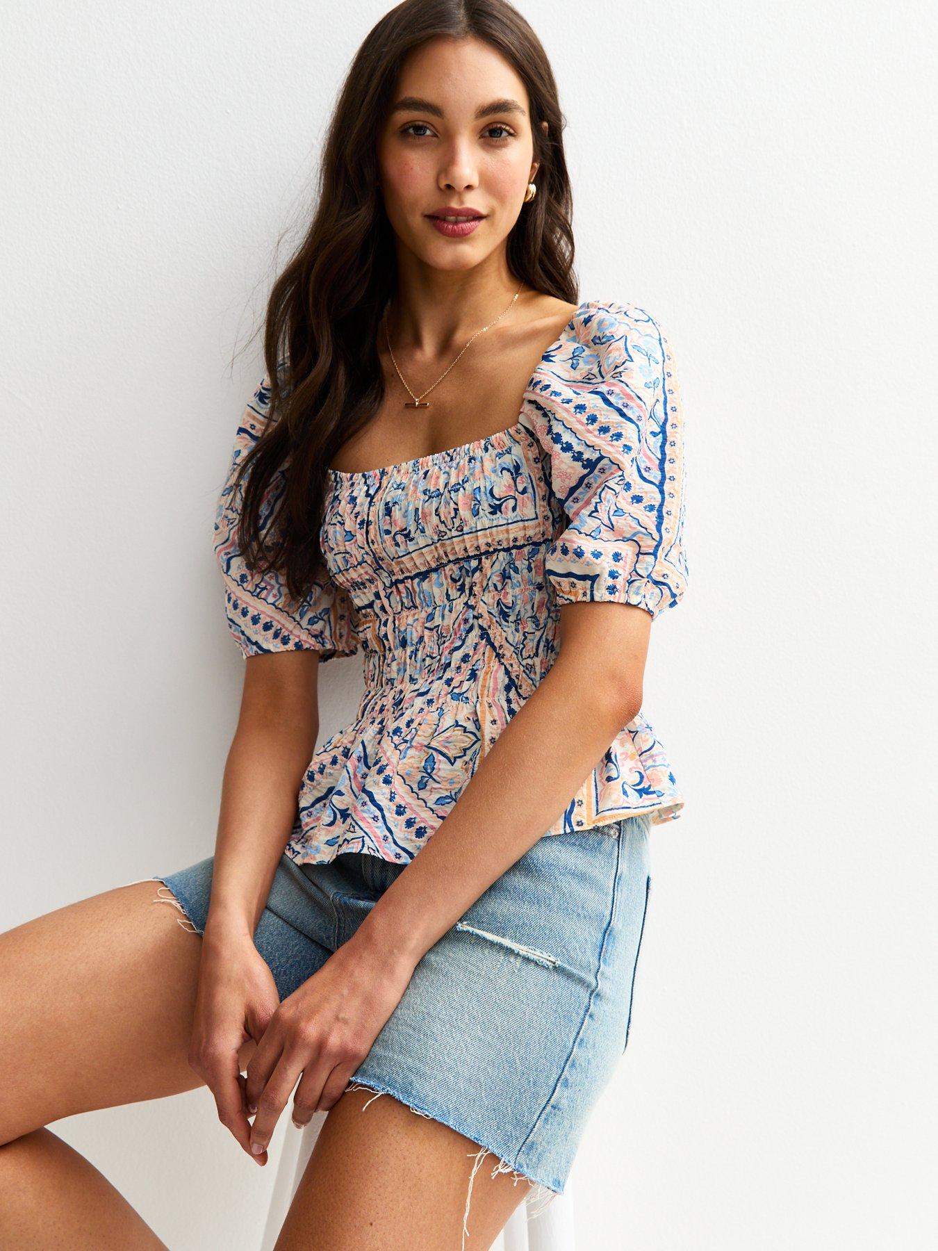 New Look Scarf Print Shirred Top - Blue