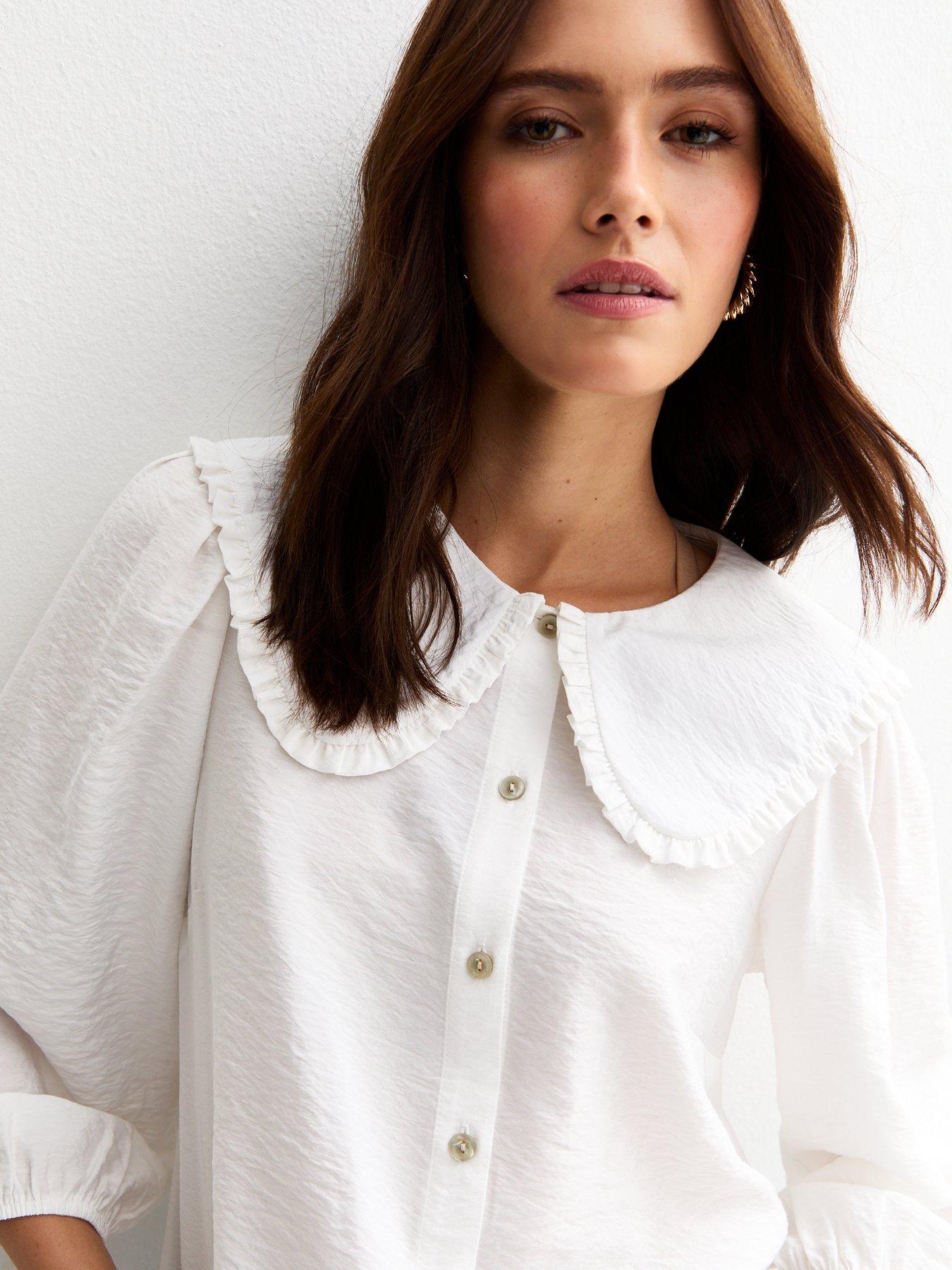 Image 5 of 6 of New Look Off White Oversized Collar Crinkled Crop Sleeve Shirt