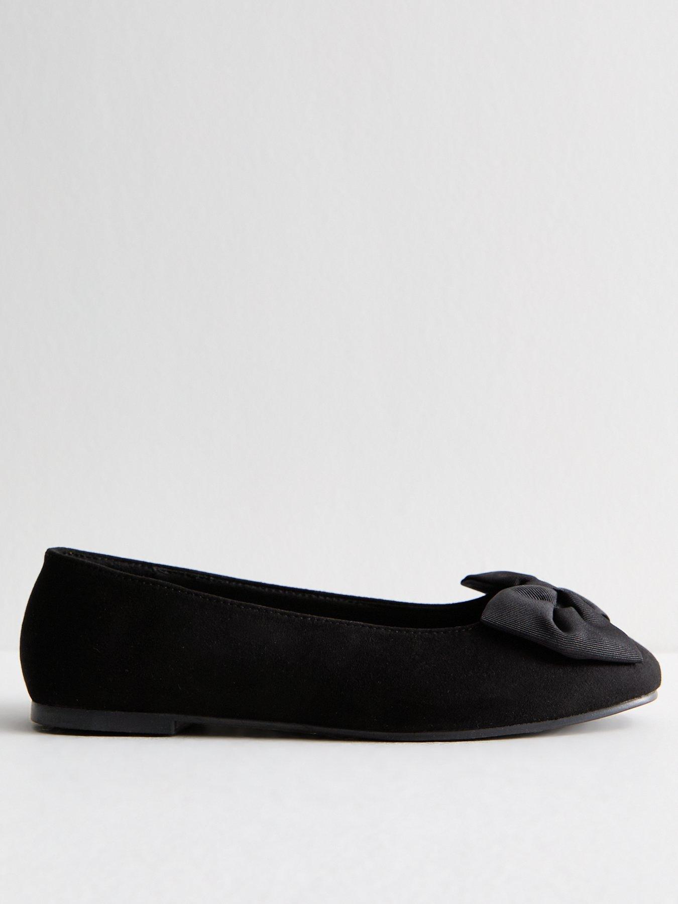 Image 1 of 6 of New Look Wide Fit Black Faux Suede Bow Detail Ballet Flats
