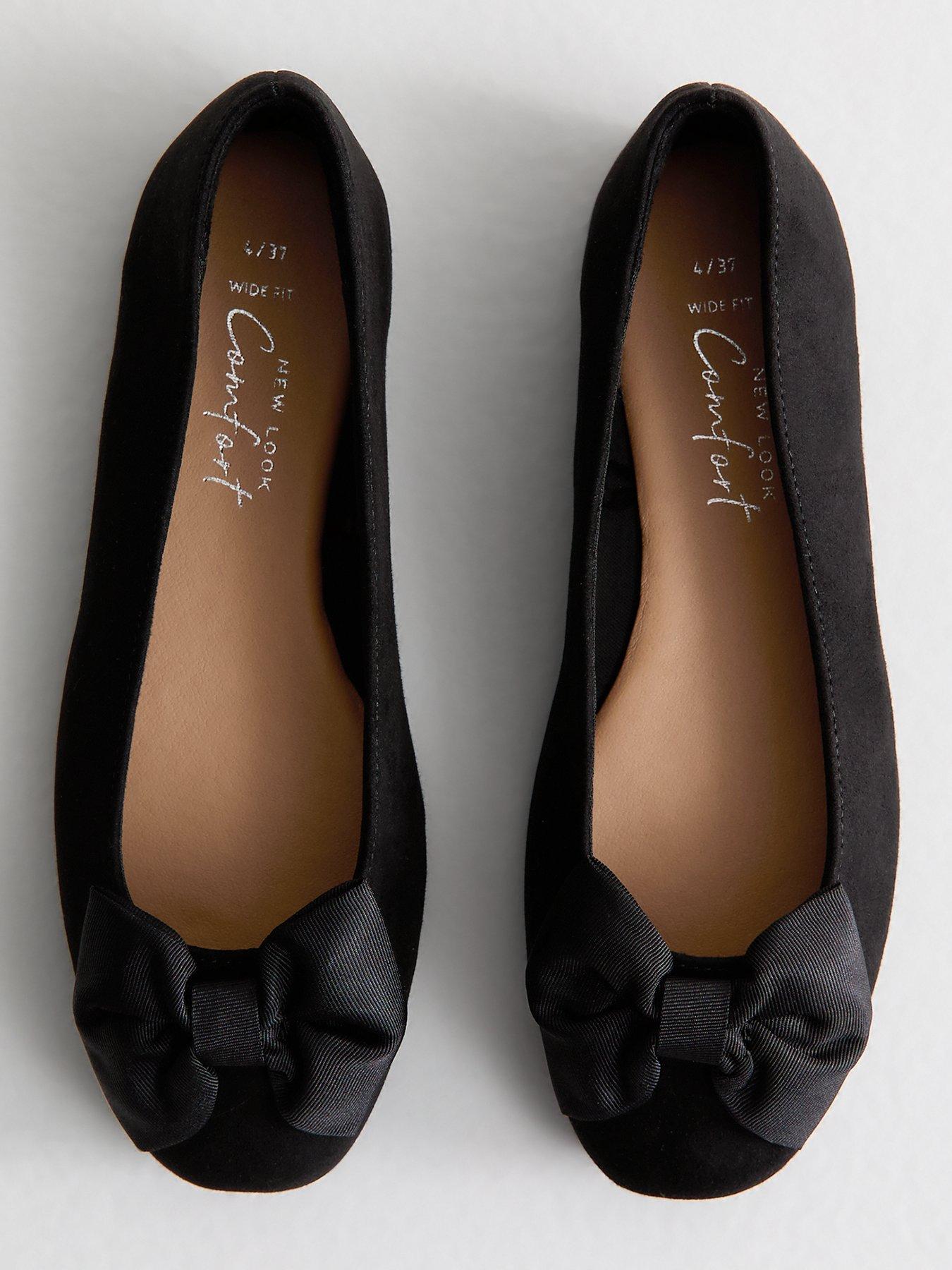 Image 3 of 6 of New Look Wide Fit Black Faux Suede Bow Detail Ballet Flats