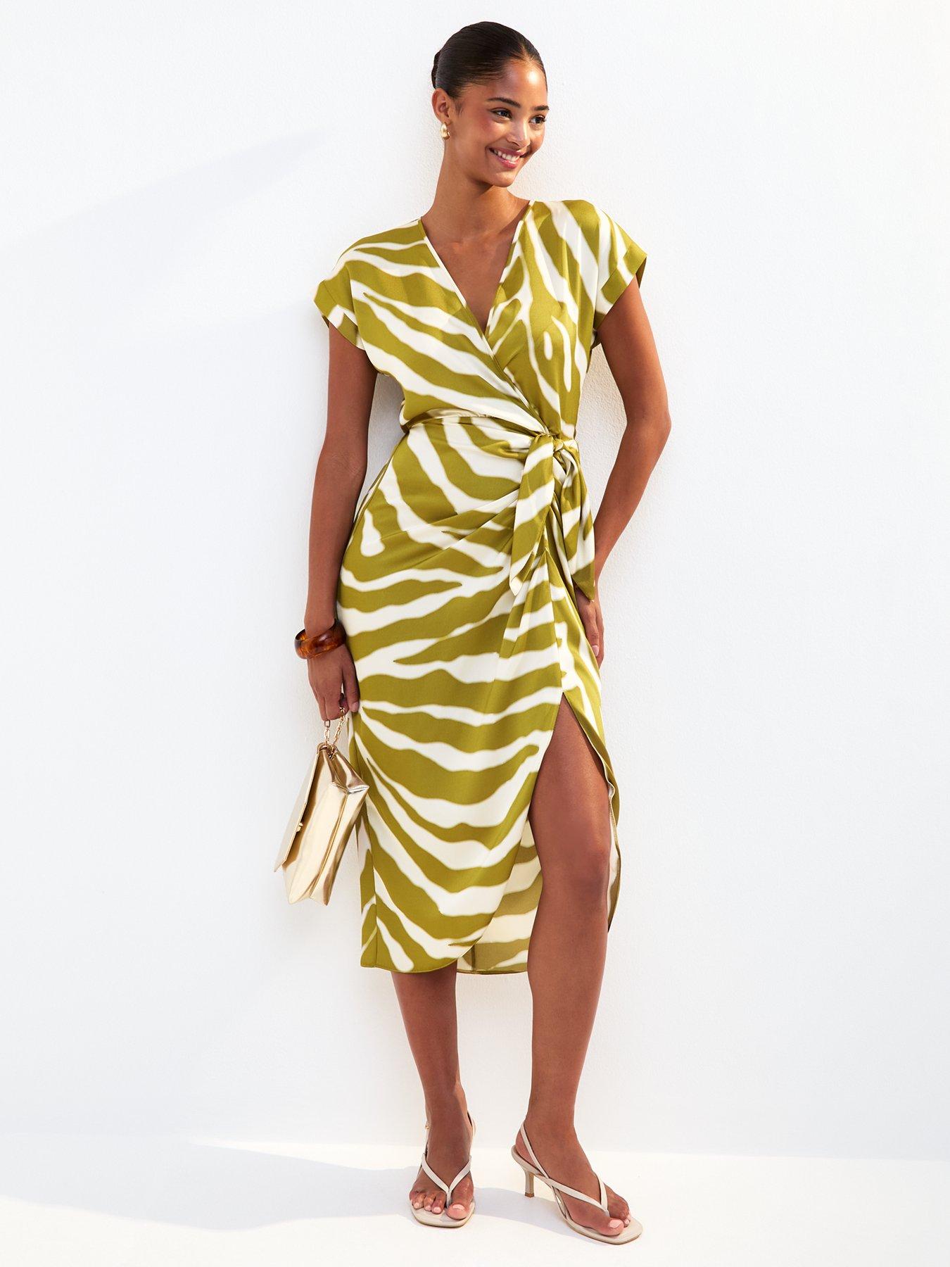 New Look Zebra Print Wrap Front Midi Dress - Green