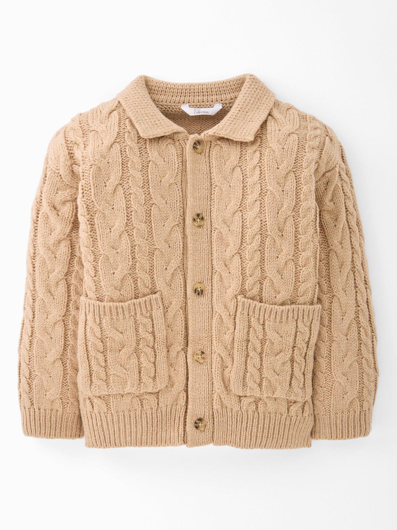 front image of the-very-collection-boys-button-up-knitted-cardigan-stone-beige