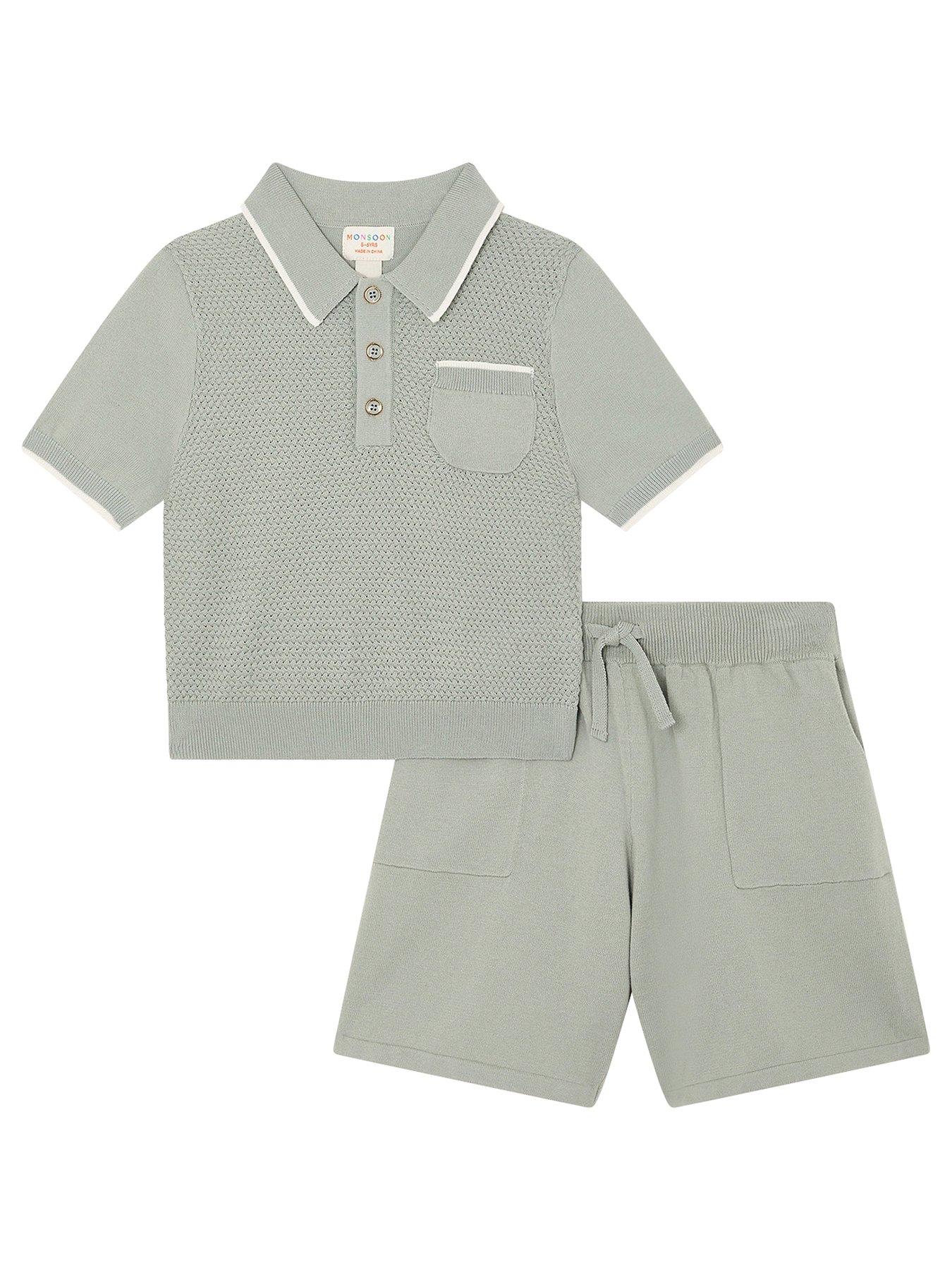 undefined Boys Knitted Short Sleeve Polo & Shorts Set - Green