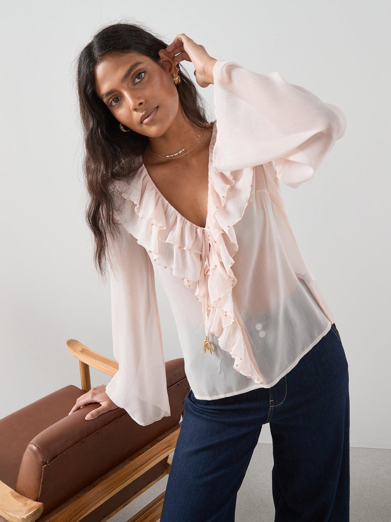  image of the-very-collection-beaded-frill-blouse-nude