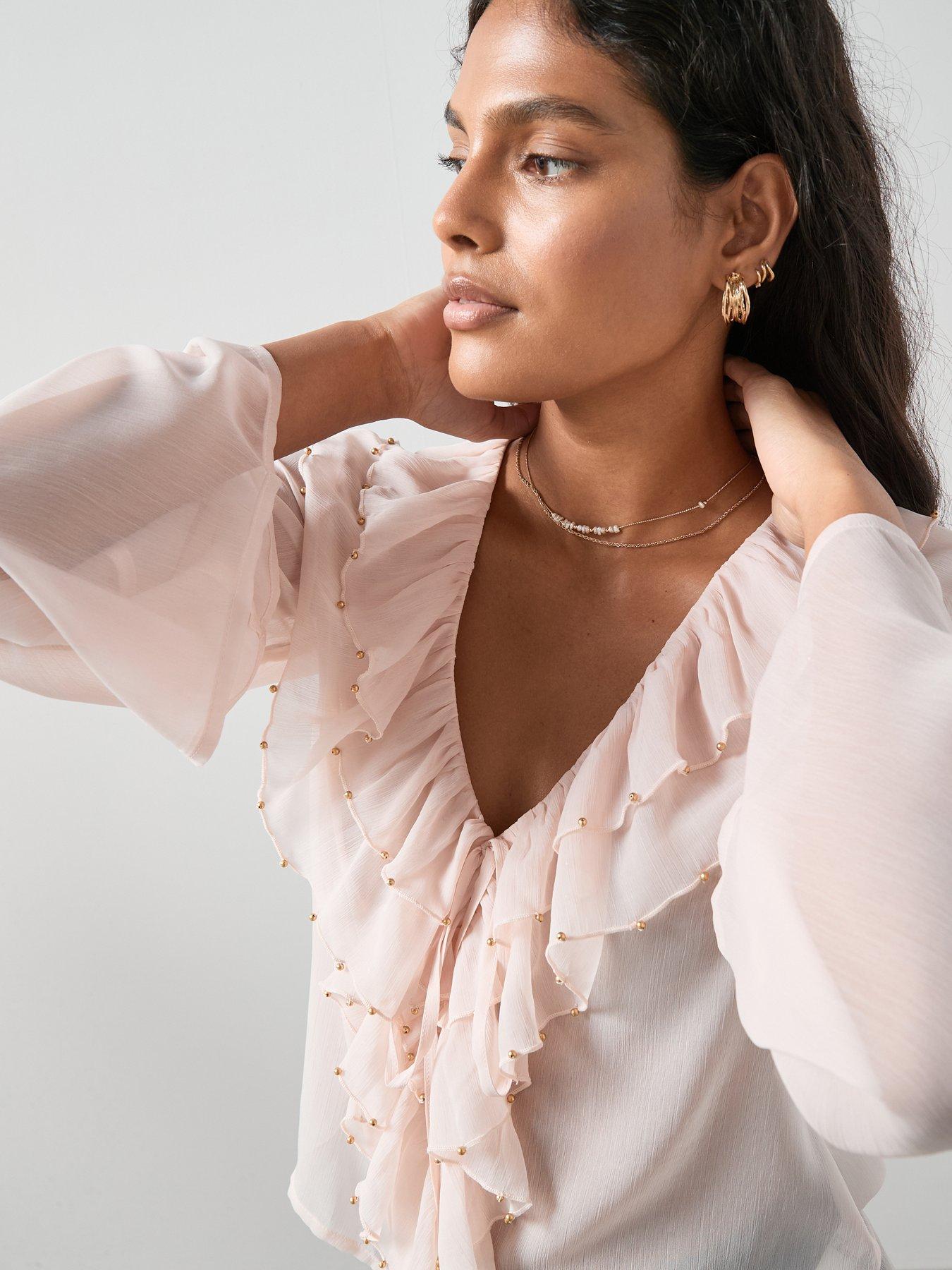  image of the-very-collection-beaded-frill-blouse-nude