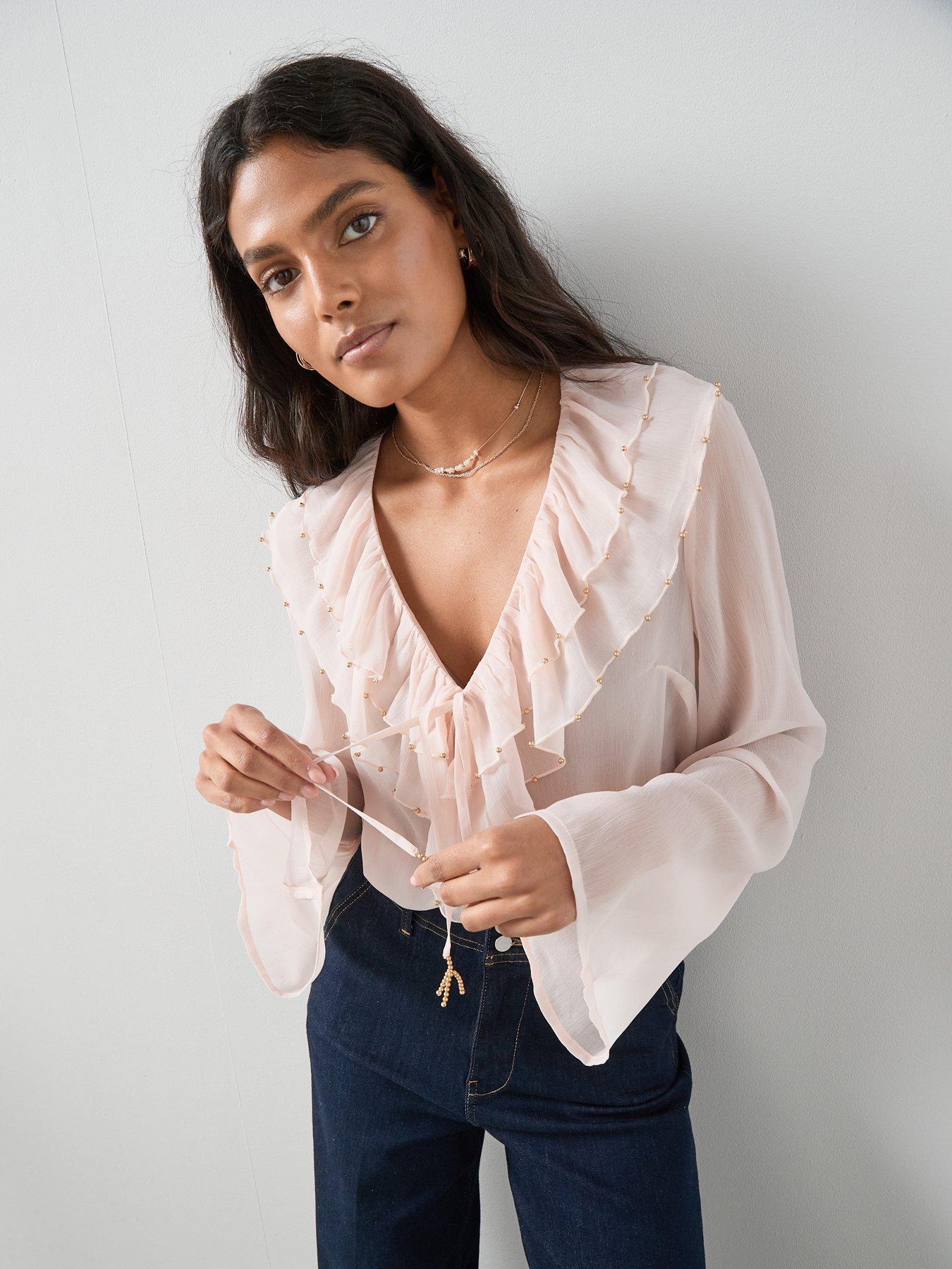  image of the-very-collection-beaded-frill-blouse-nude