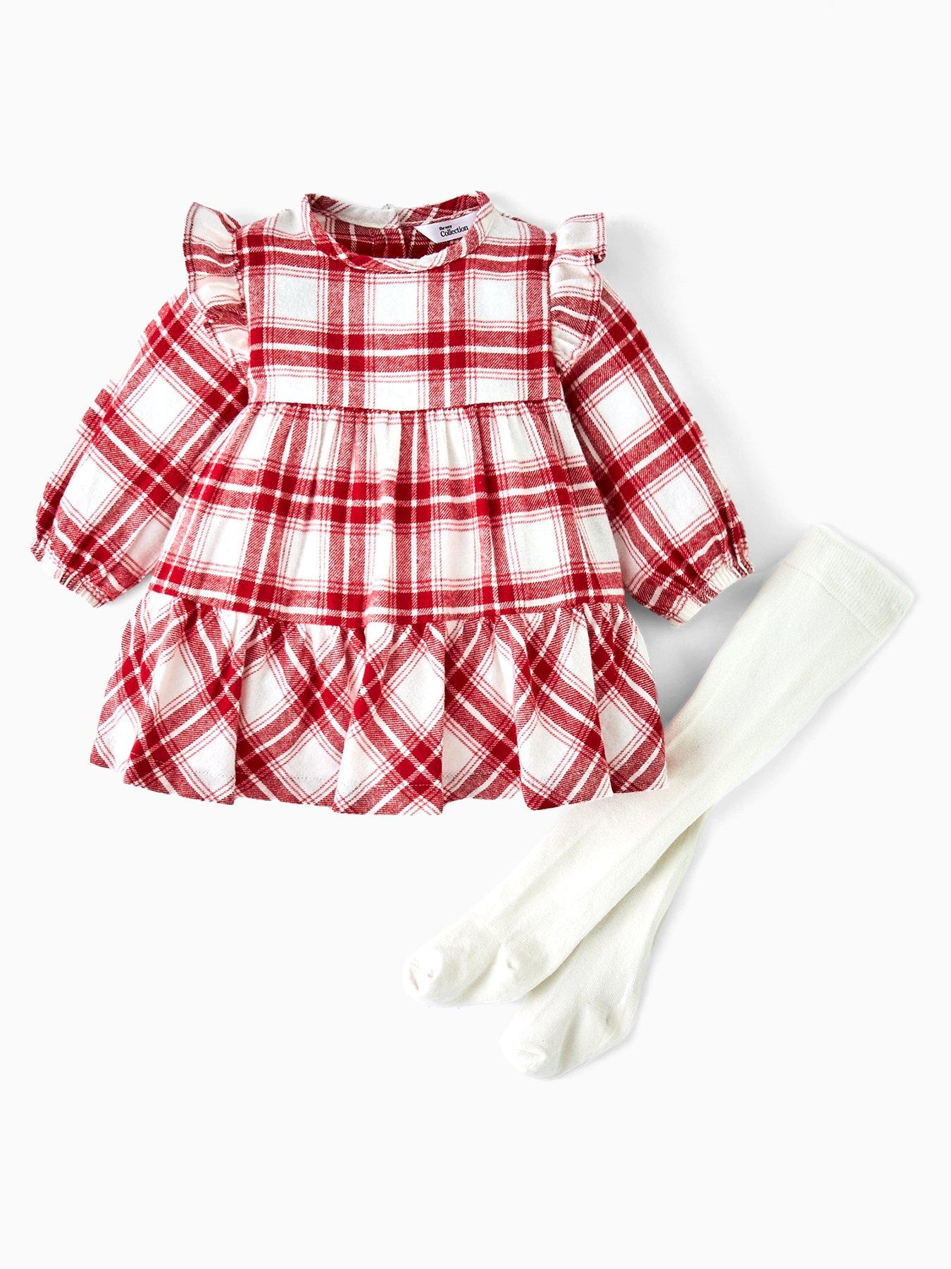 The Very Collection Baby Girls Tartan Brushed Dress And Tights Set - Pink