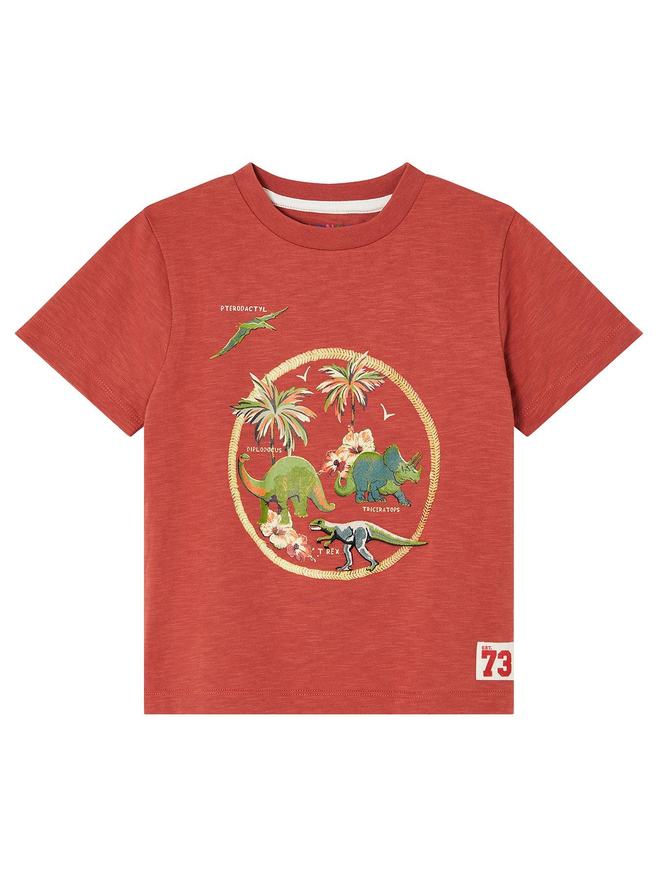 front image of monsoon-boys-rusty-dino-short-sleeve-tshirt-red