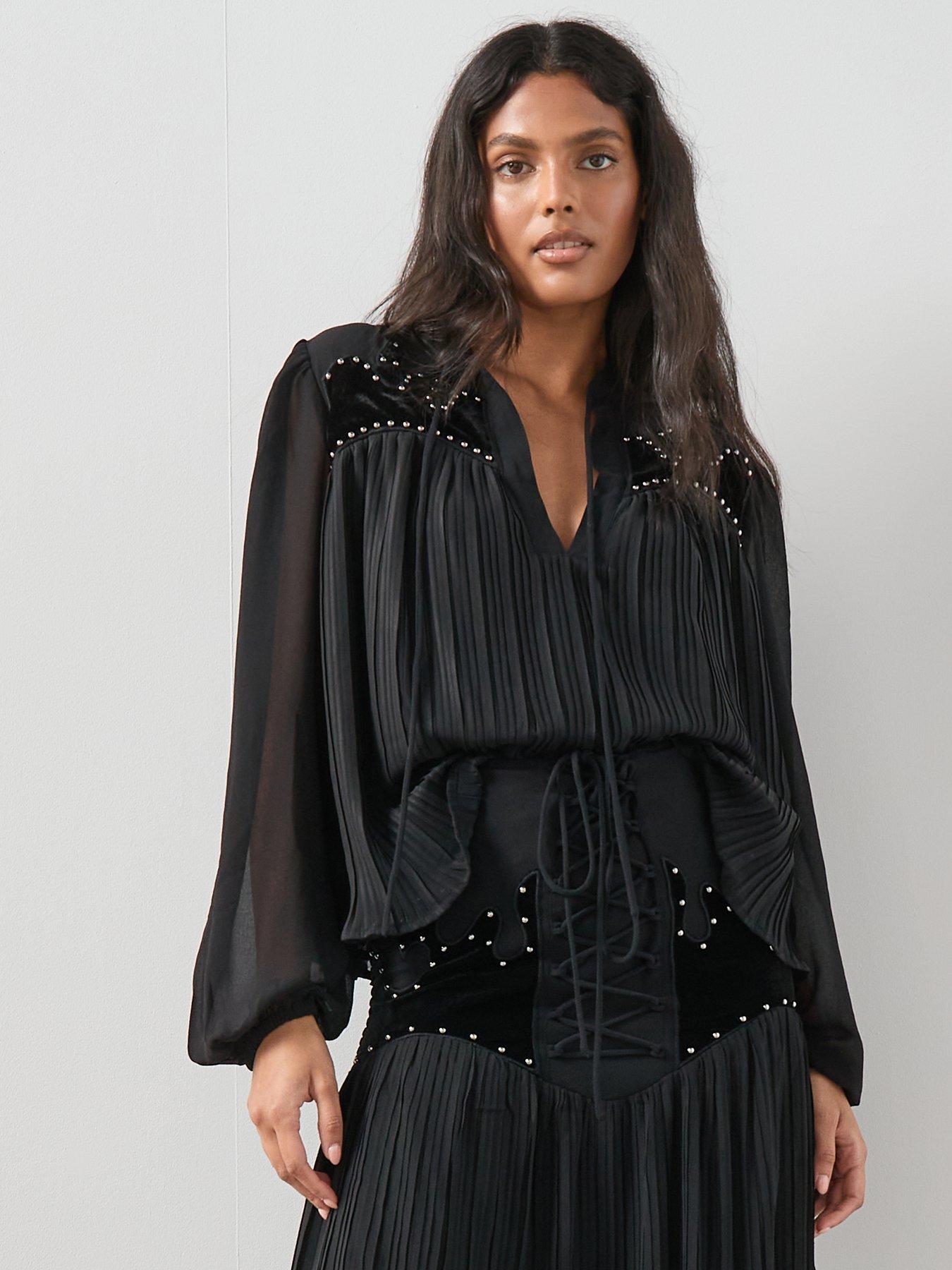 undefined Velvet Applique Embellished Detail Balloon Sleeve Co-Ord Blouse - Black