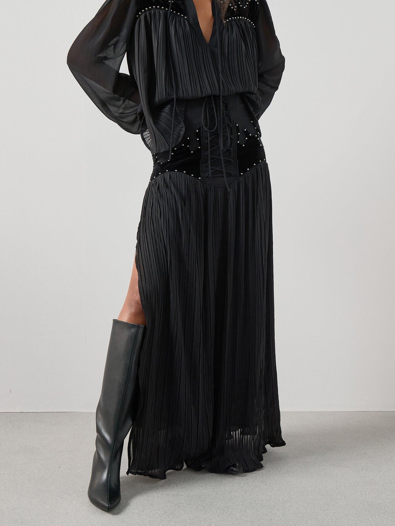 Image 1 of 6 of The Very Collection Velvet Applique Embellished Detail Tie Co-Ord Maxi Skirt - Black