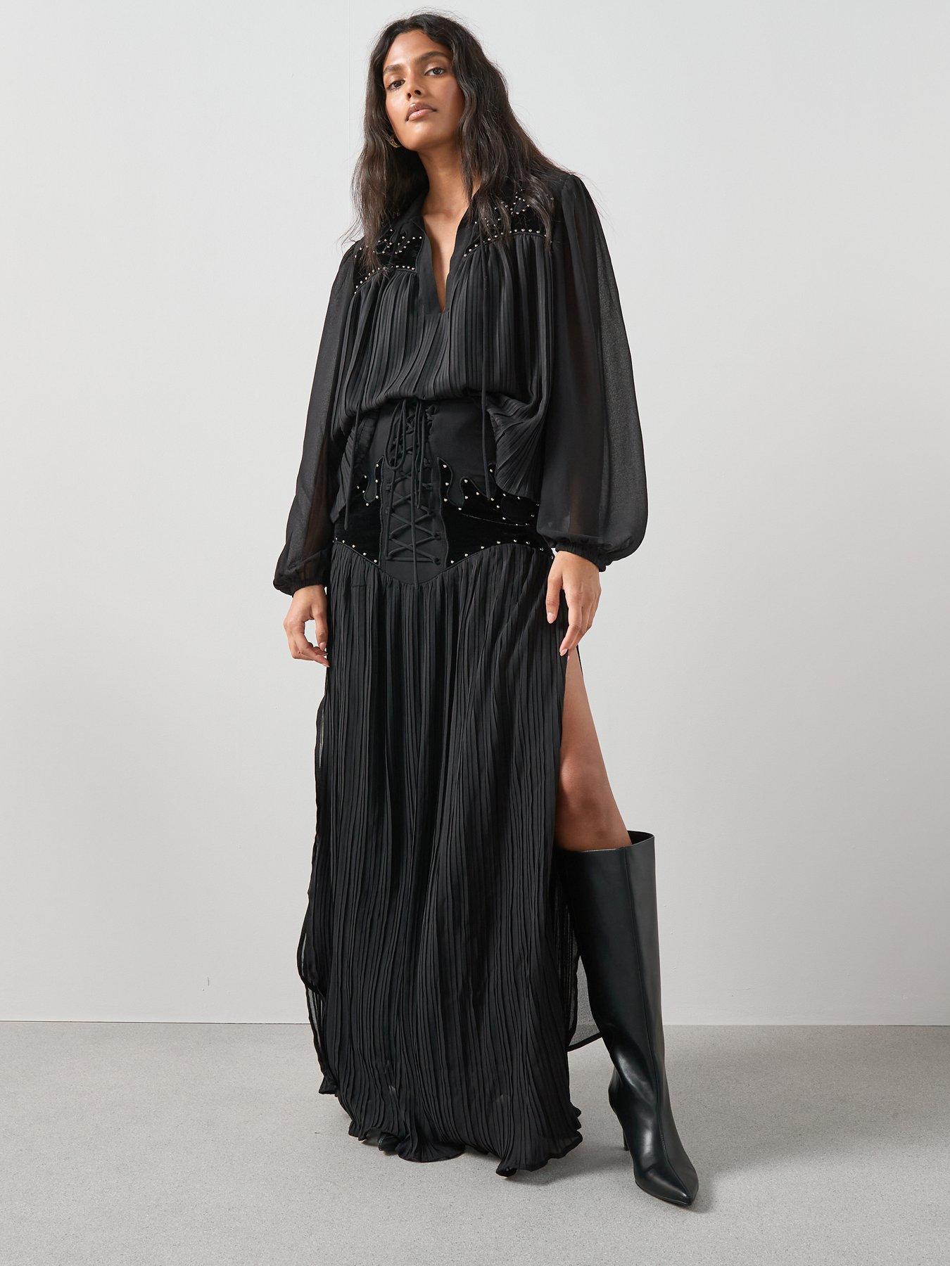 Image 3 of 6 of The Very Collection Velvet Applique Embellished Detail Tie Co-Ord Maxi Skirt - Black