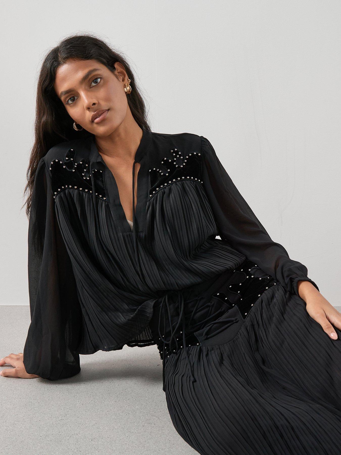 Image 4 of 6 of The Very Collection Velvet Applique Embellished Detail Tie Co-Ord Maxi Skirt - Black
