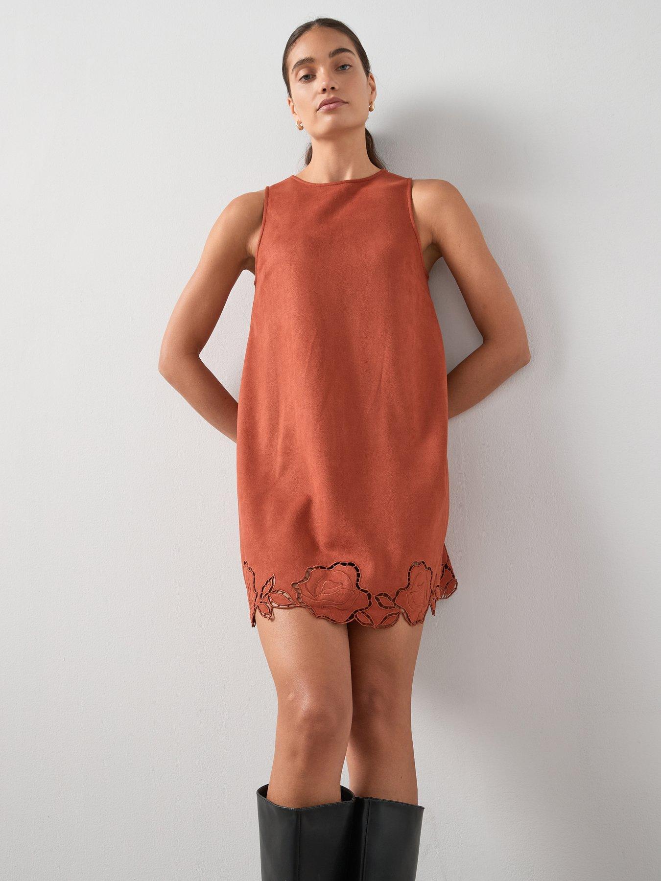 undefined Cutwork Hem Suede Shift Dress - Brown
