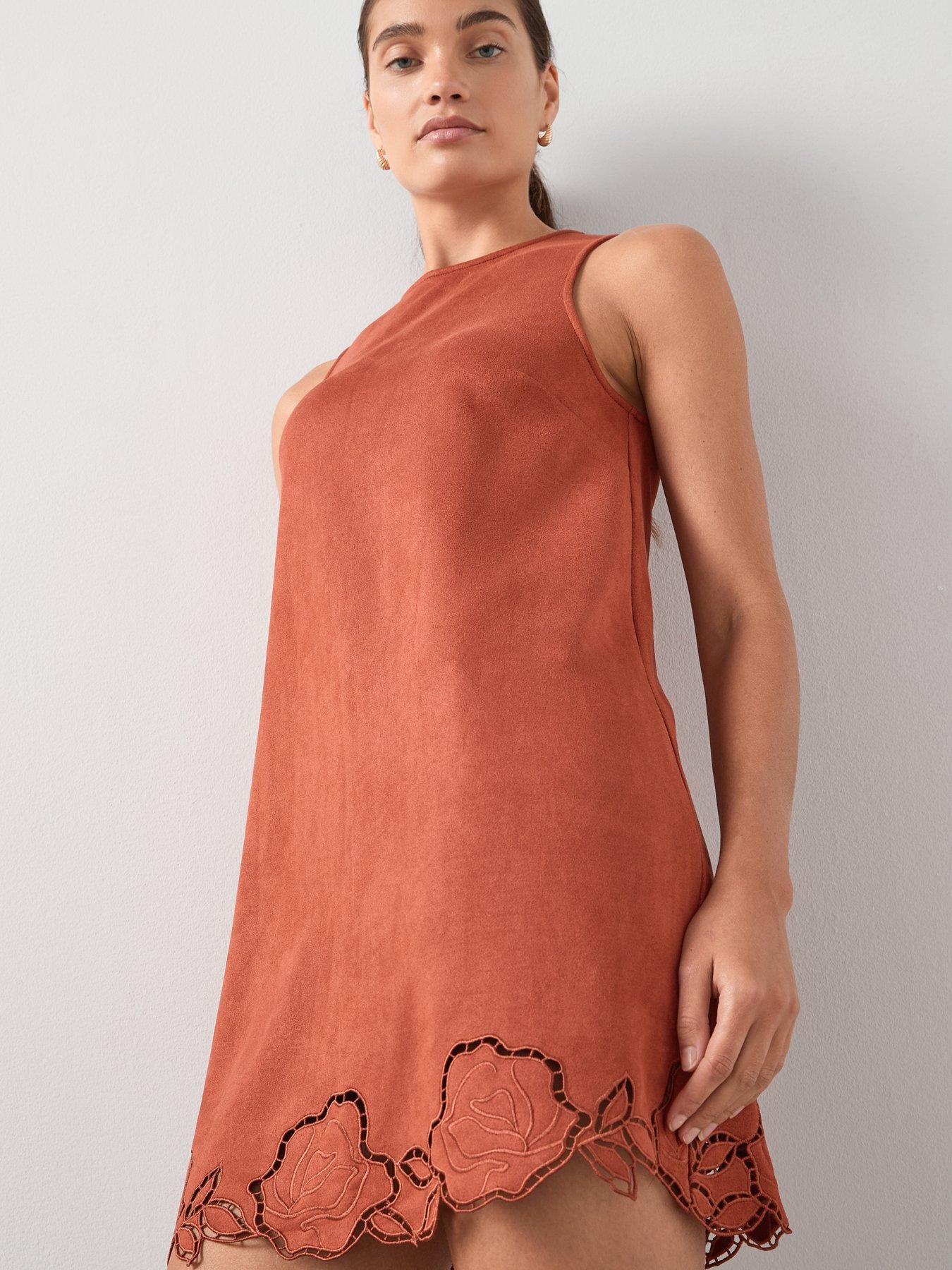 Image 6 of 6 of The Very Collection Cutwork Hem Suede Shift Dress - Brown
