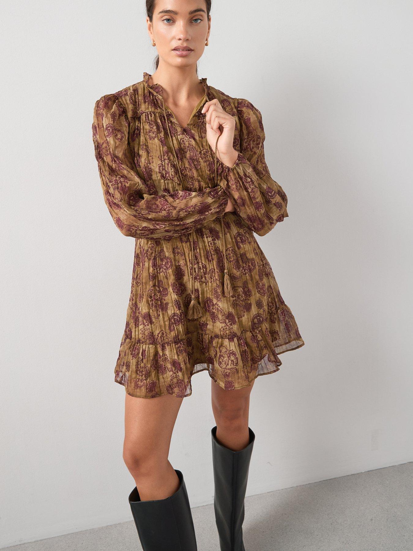 undefined Printed Tie Neck Lurex Mini Dress - Print