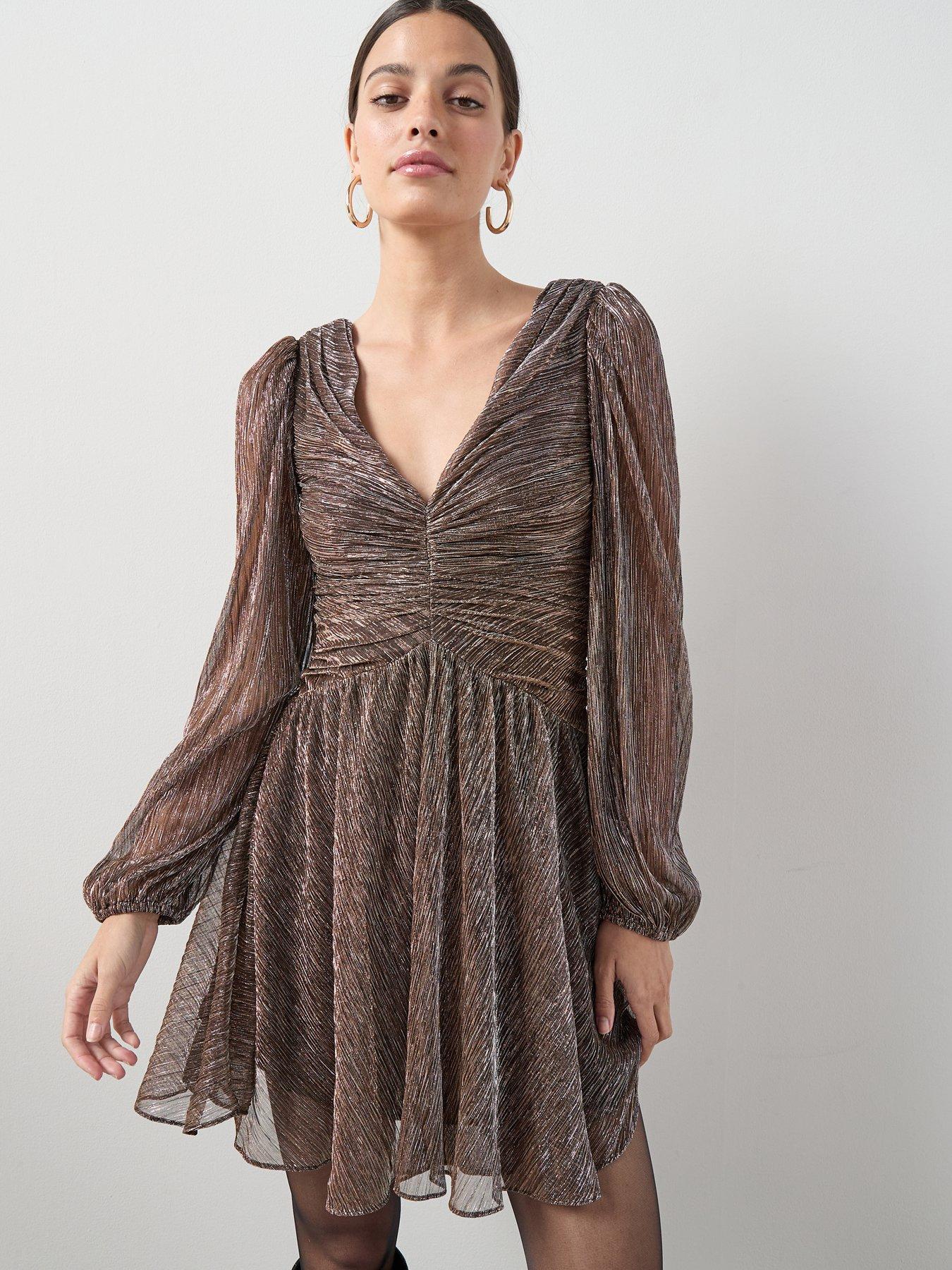 The Very Collection V Neck Plisse Long Sleeve Mini Dress - Brown