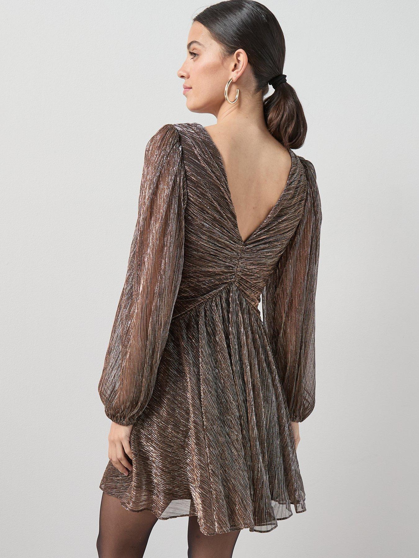 Image 2 of 7 of The Very Collection V Neck Plisse Long Sleeve Mini Dress - Brown