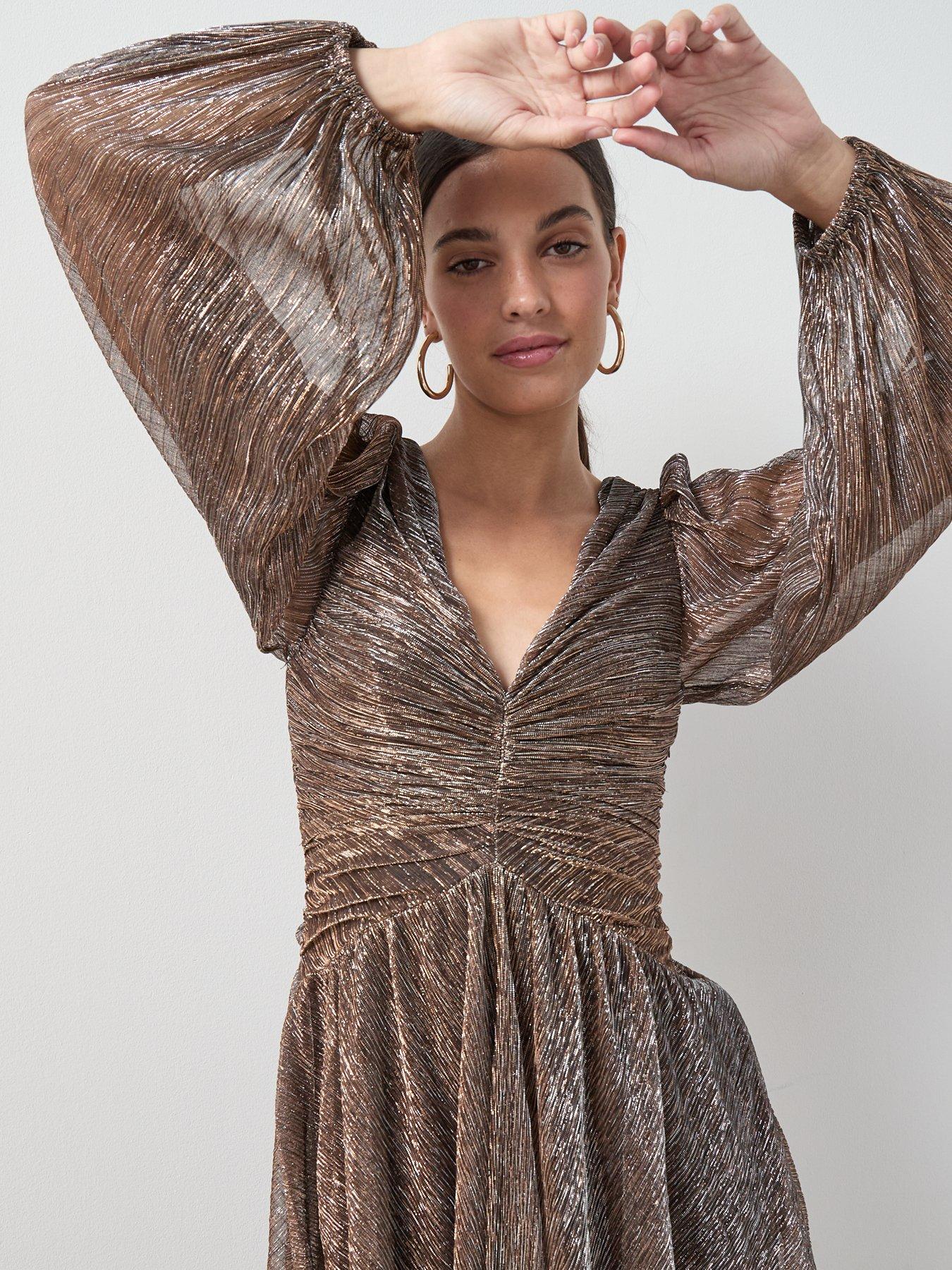 Image 4 of 7 of The Very Collection V Neck Plisse Long Sleeve Mini Dress - Brown