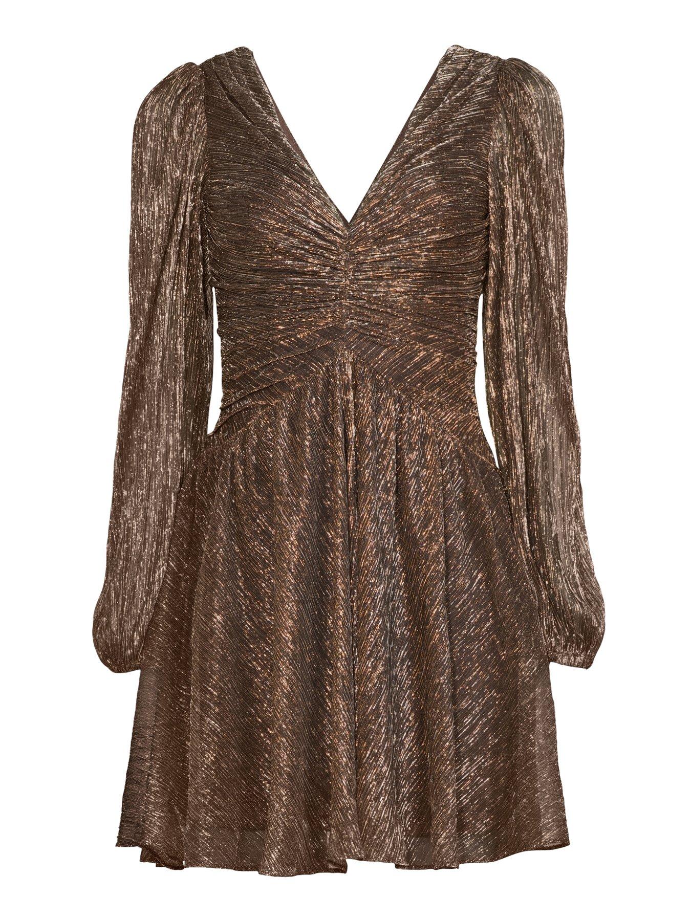 Image 7 of 7 of The Very Collection V Neck Plisse Long Sleeve Mini Dress - Brown
